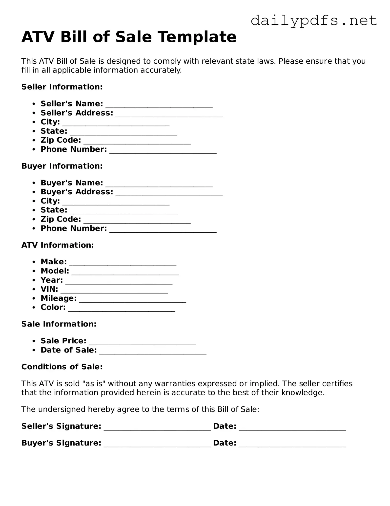 Printable ATV Bill of Sale Document