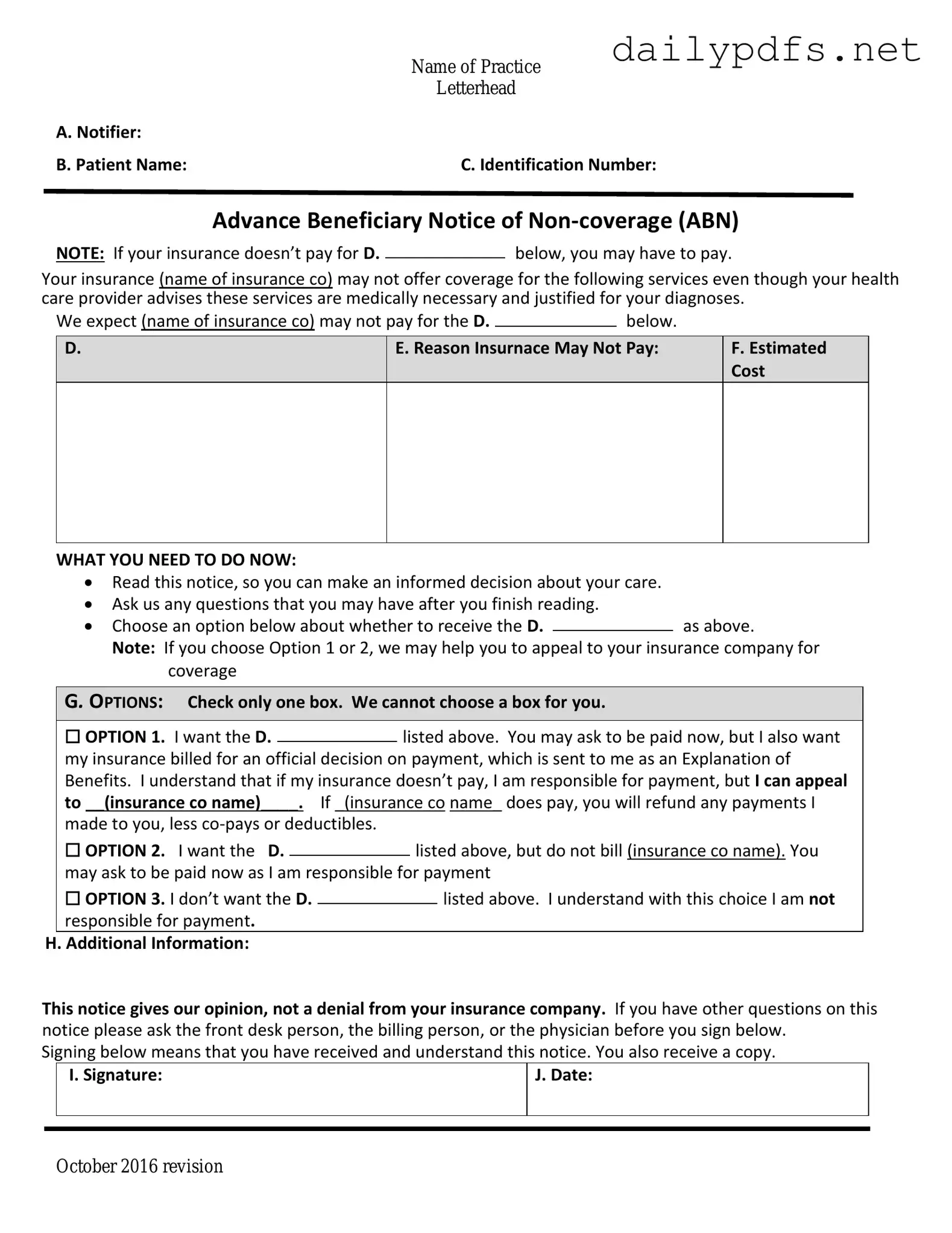 Fill Out Your Advance Beneficiary Notice of Non-coverage Form