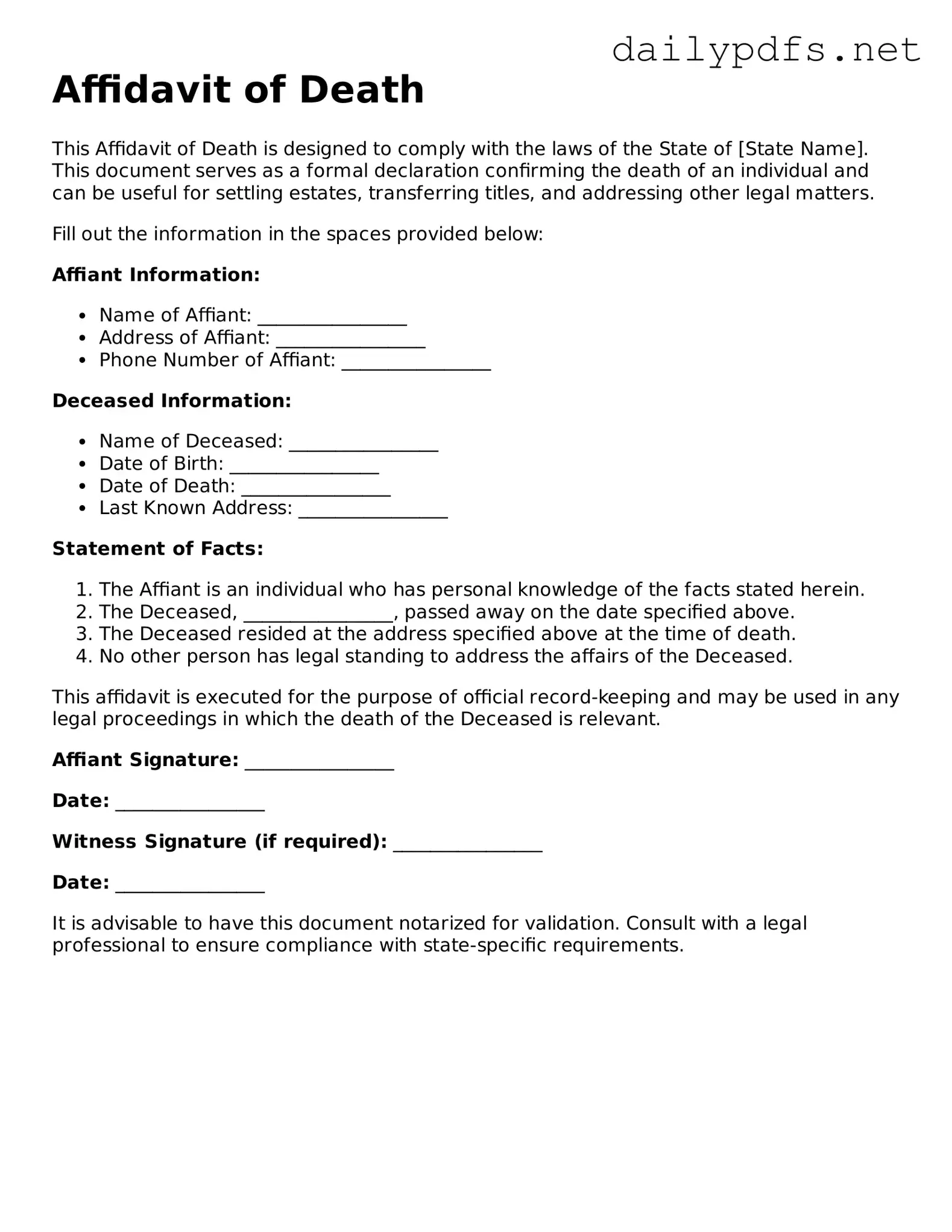 Printable Affidavit of Death Document