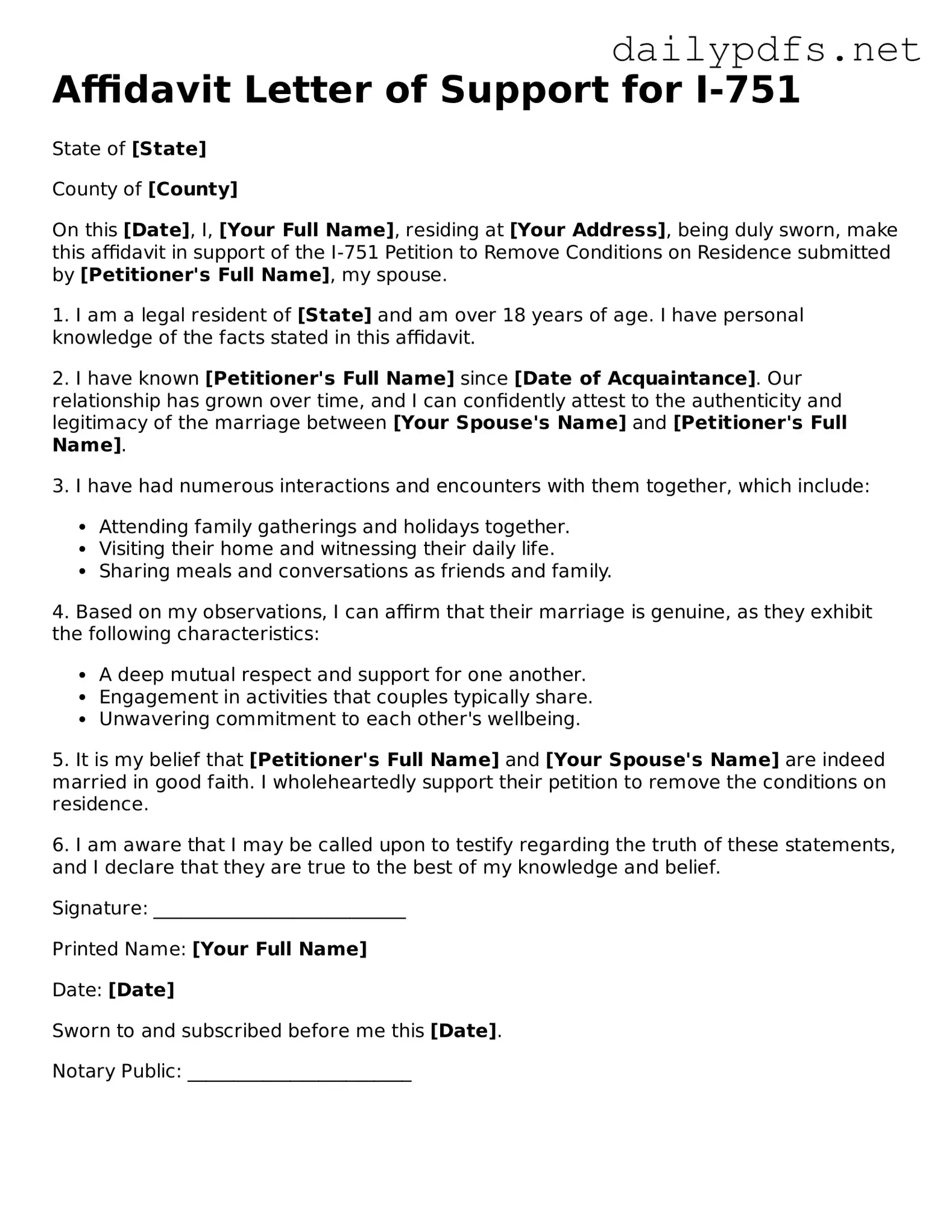 Printable Affidavit Letter of Support for I-751 Document