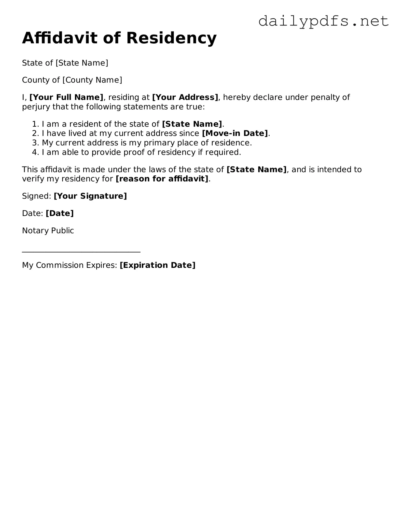 Printable Affidavit of Residency Document