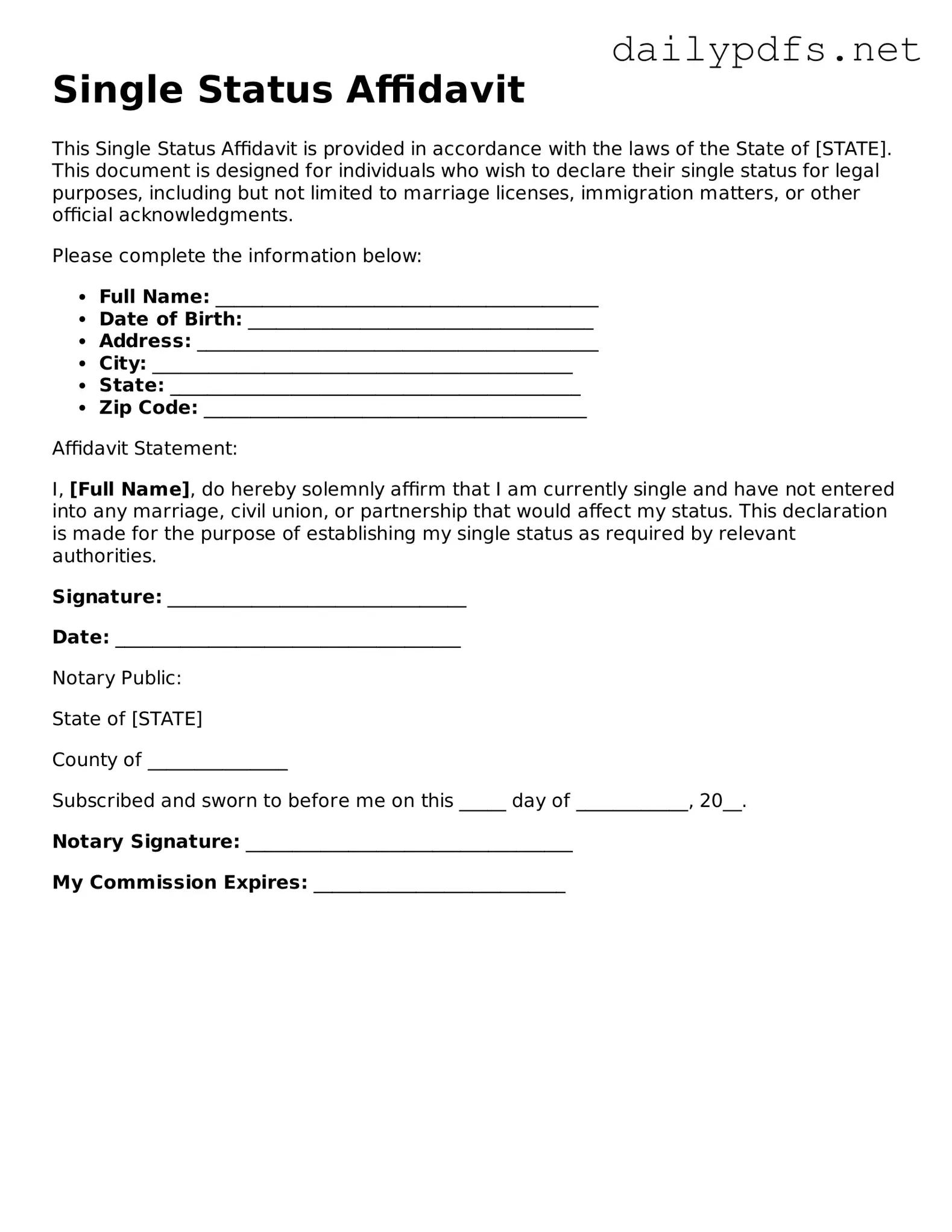 Printable Single Status Affidavit Document