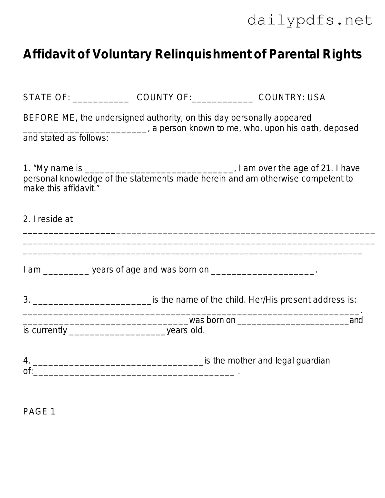 Fill Out Your Affidavit Parental Rights Form