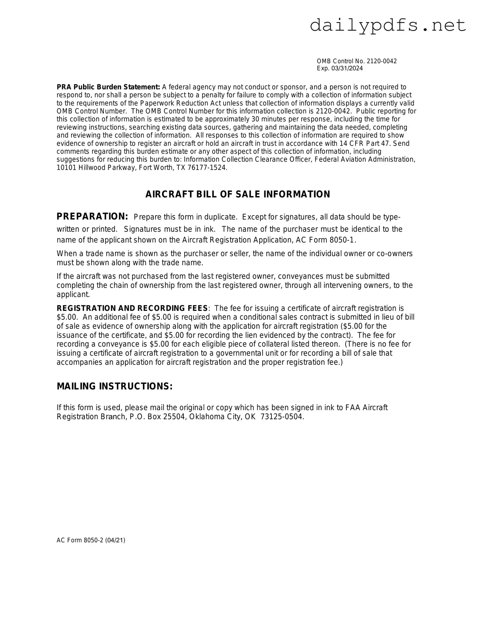 Fill Out Your Aircraft Bill of Sale AC 8050-2 Form
