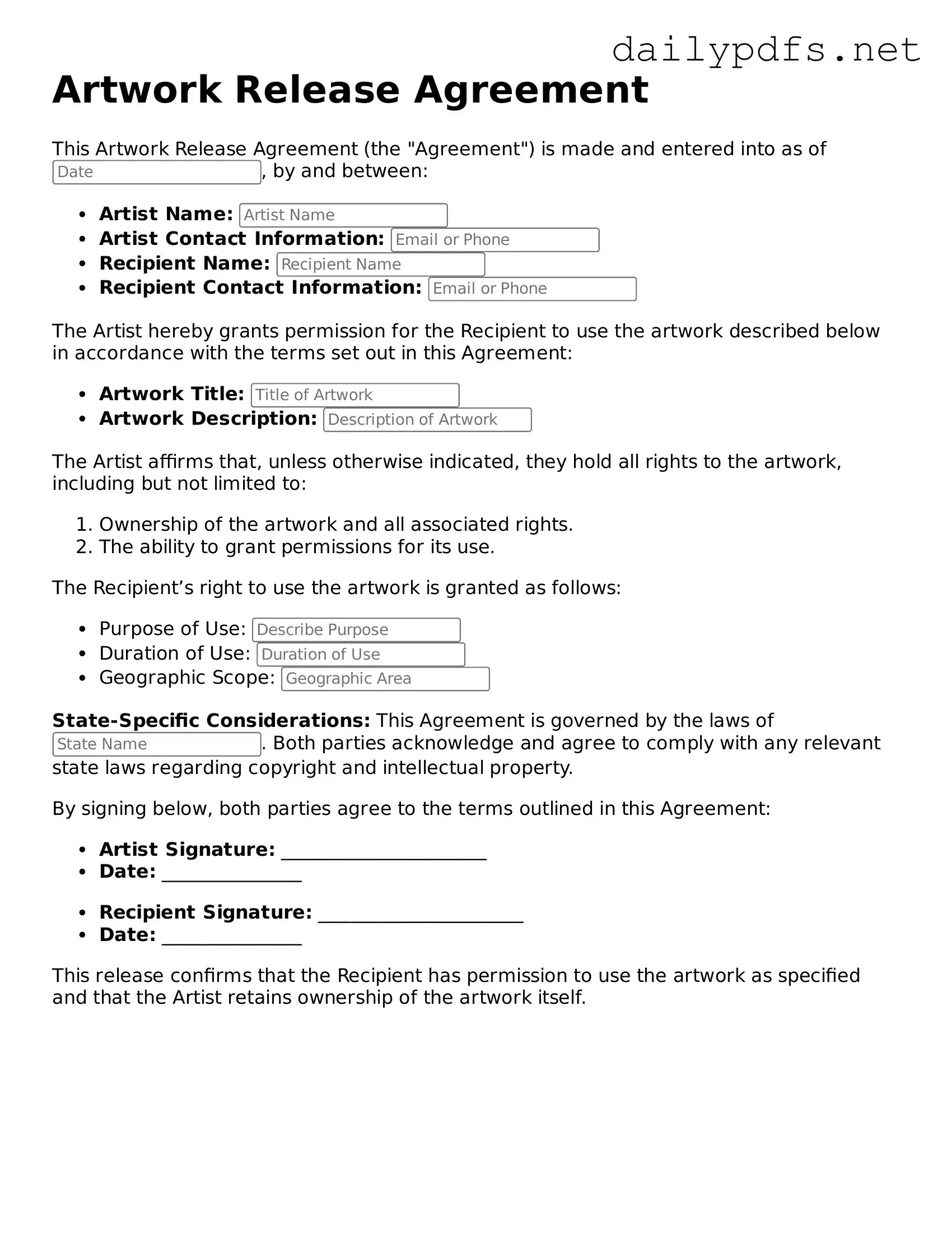 Printable Artwork Release Document