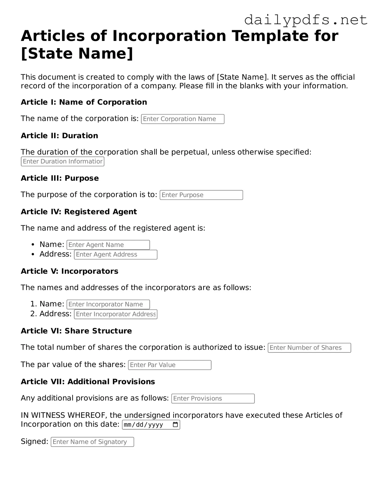 Printable Articles of Incorporation Document