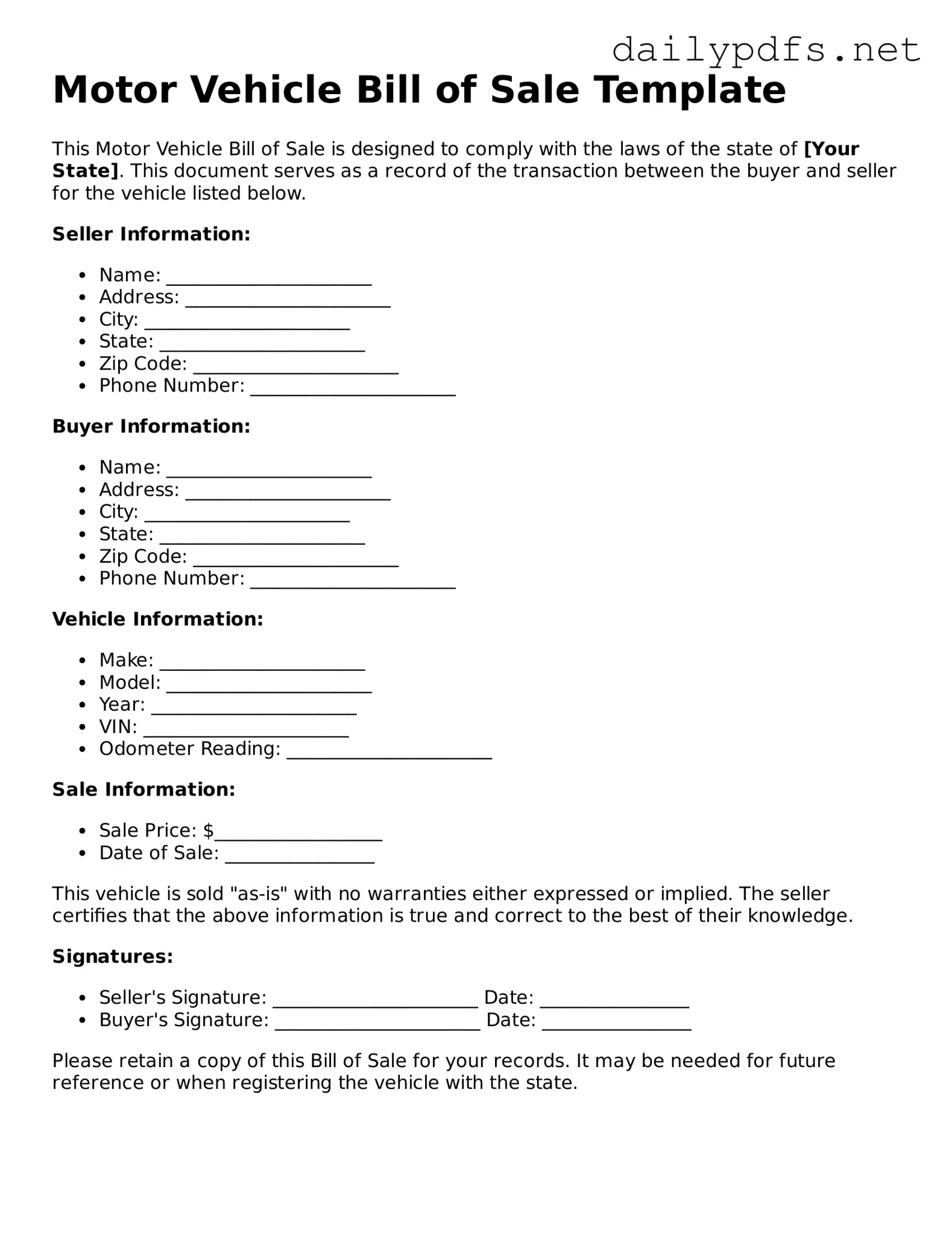 Printable Motor Vehicle Bill of Sale Document