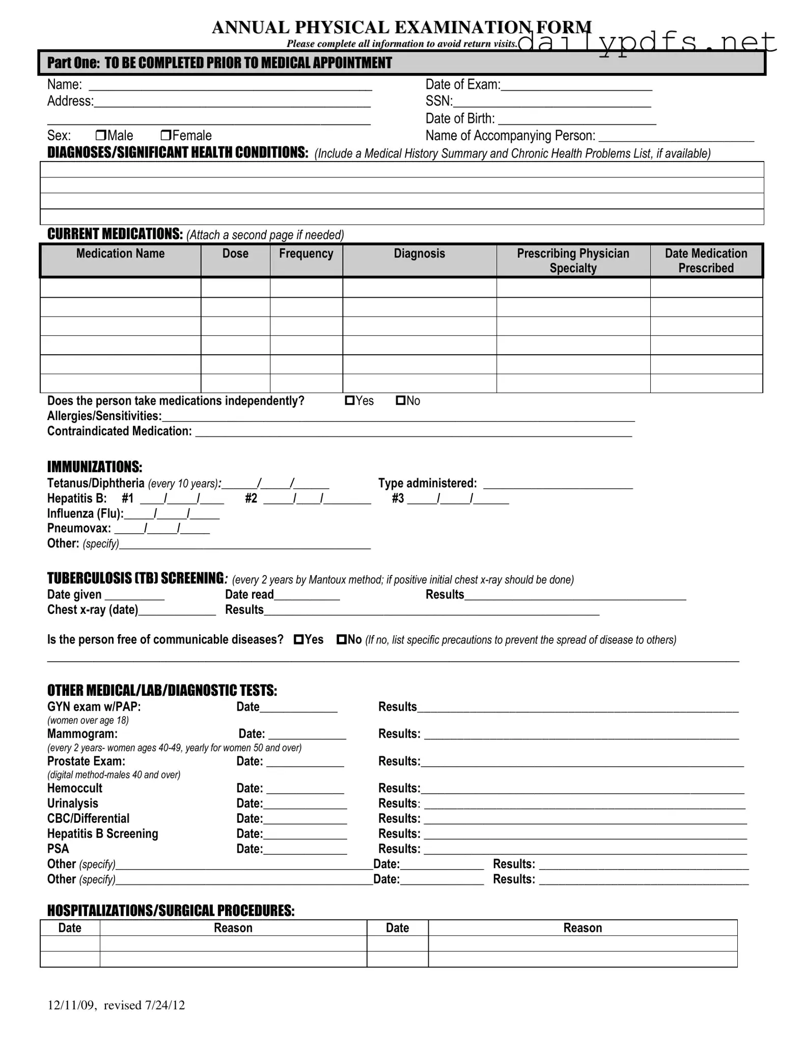 Fill Out Your Annual Physical Examination Form