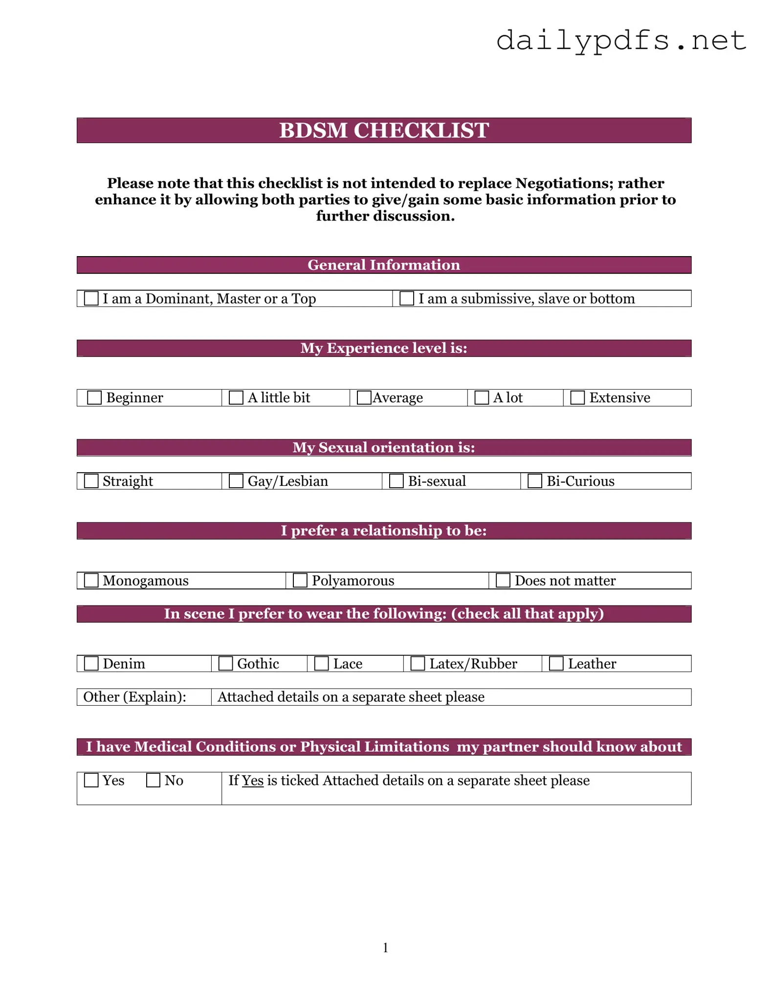 Fill Out Your Bdsm Checklist Form