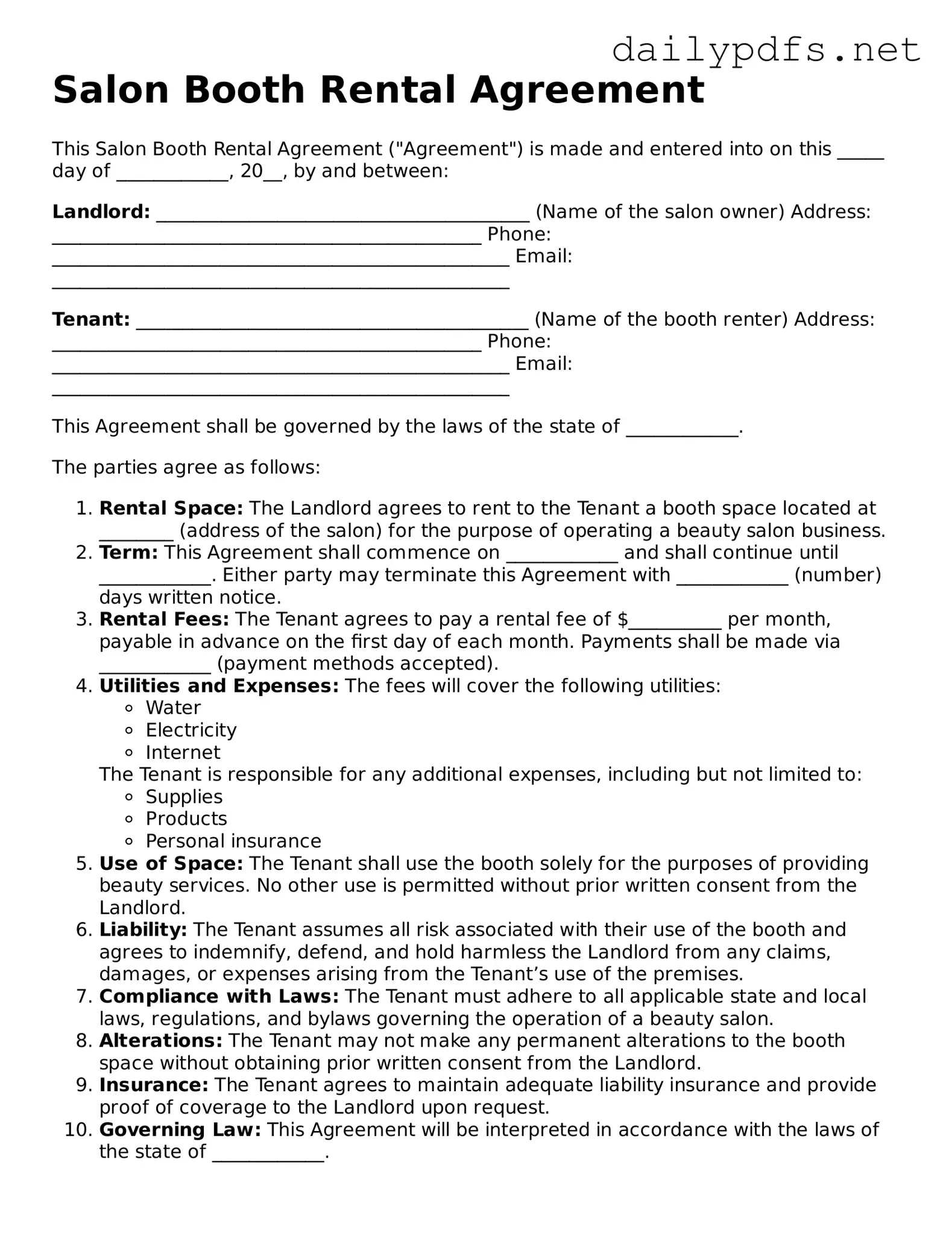 Printable Salon Booth Rental Agreement Document