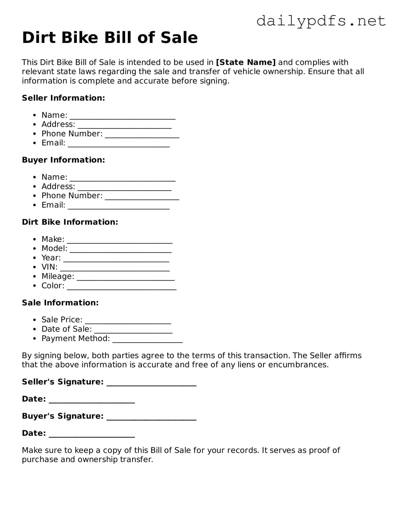 Printable Dirt Bike Bill of Sale Document