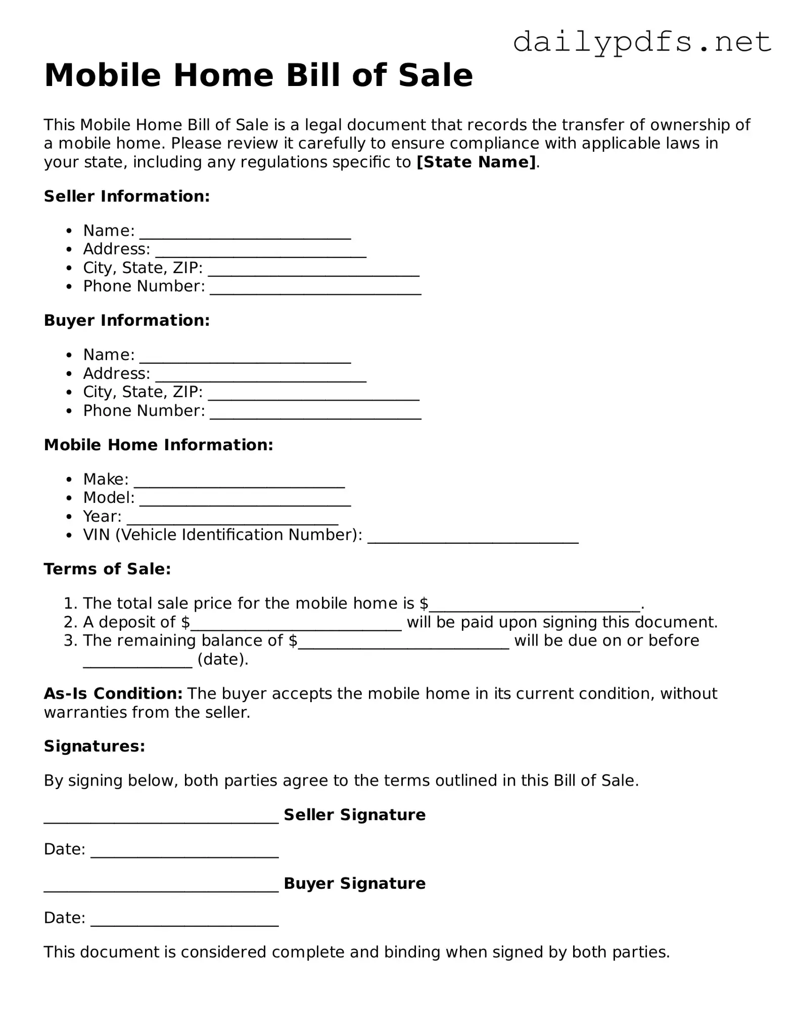Printable Mobile Home Bill of Sale Document