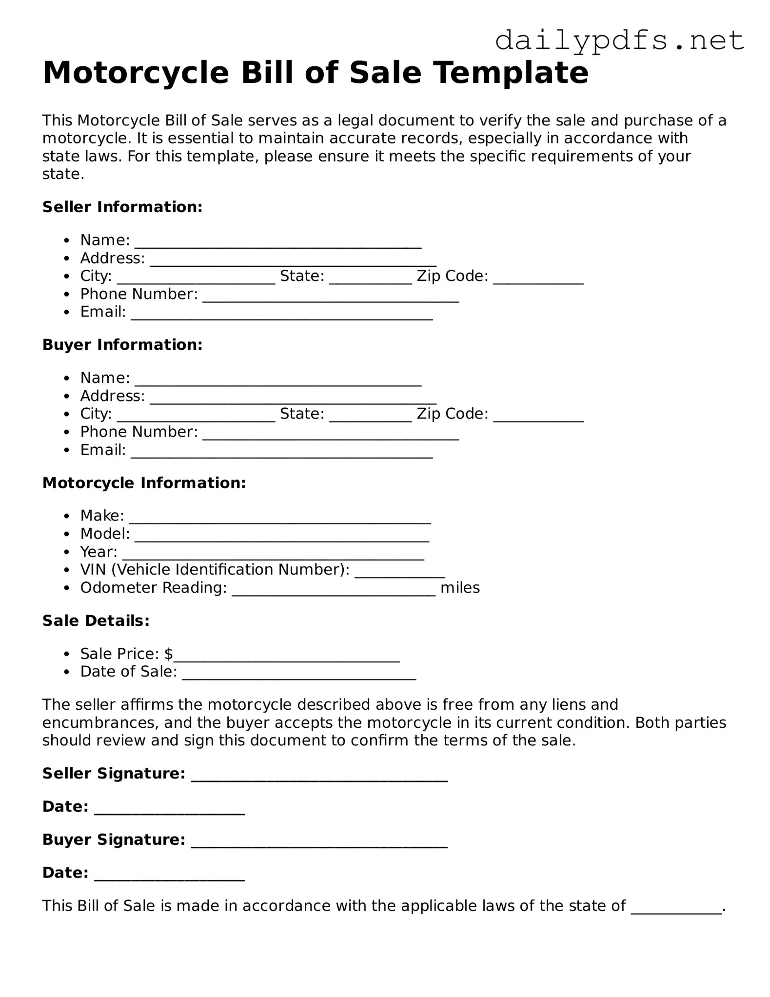 Printable Motorcycle Bill of Sale Document