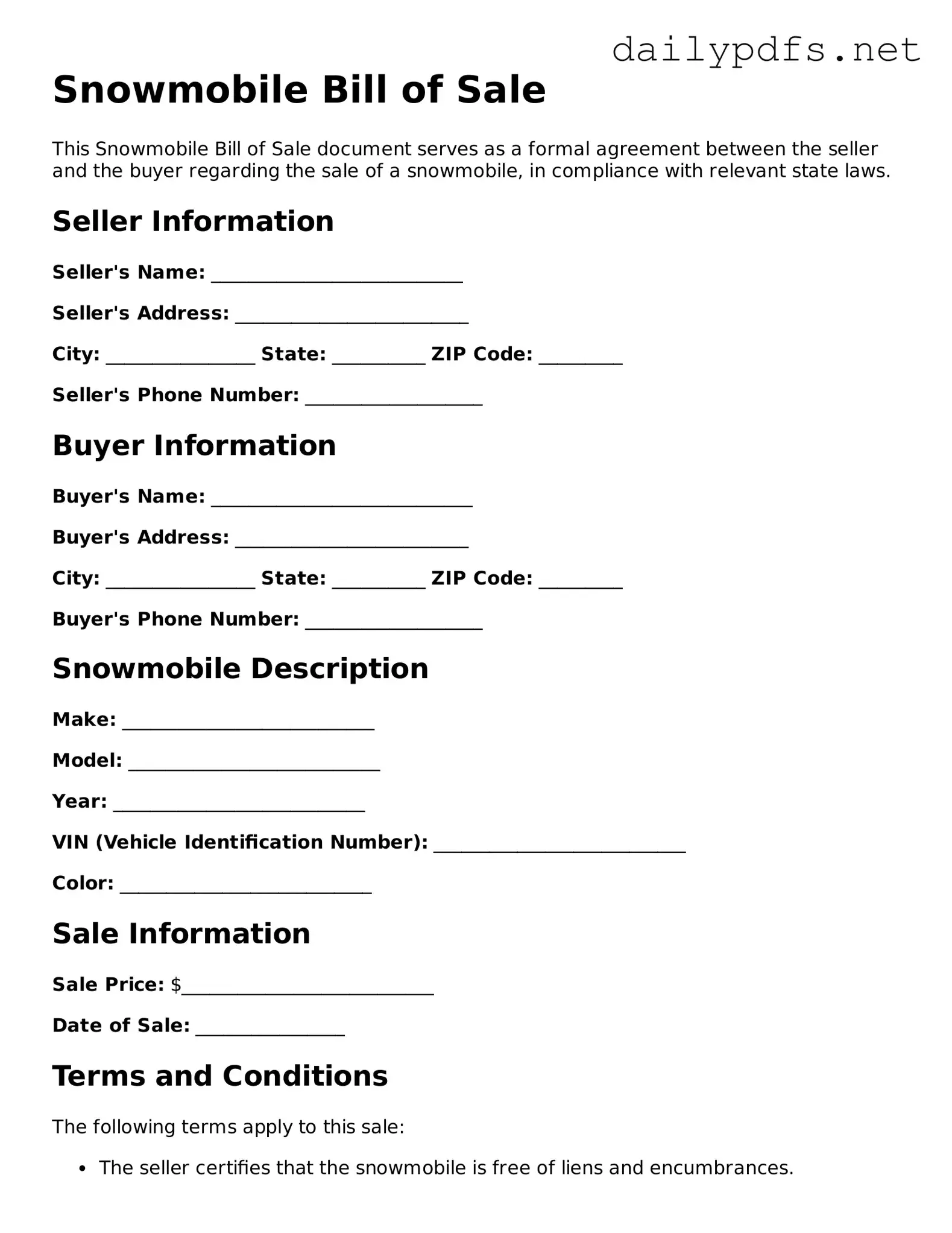 Printable Snowmobile Bill of Sale Document