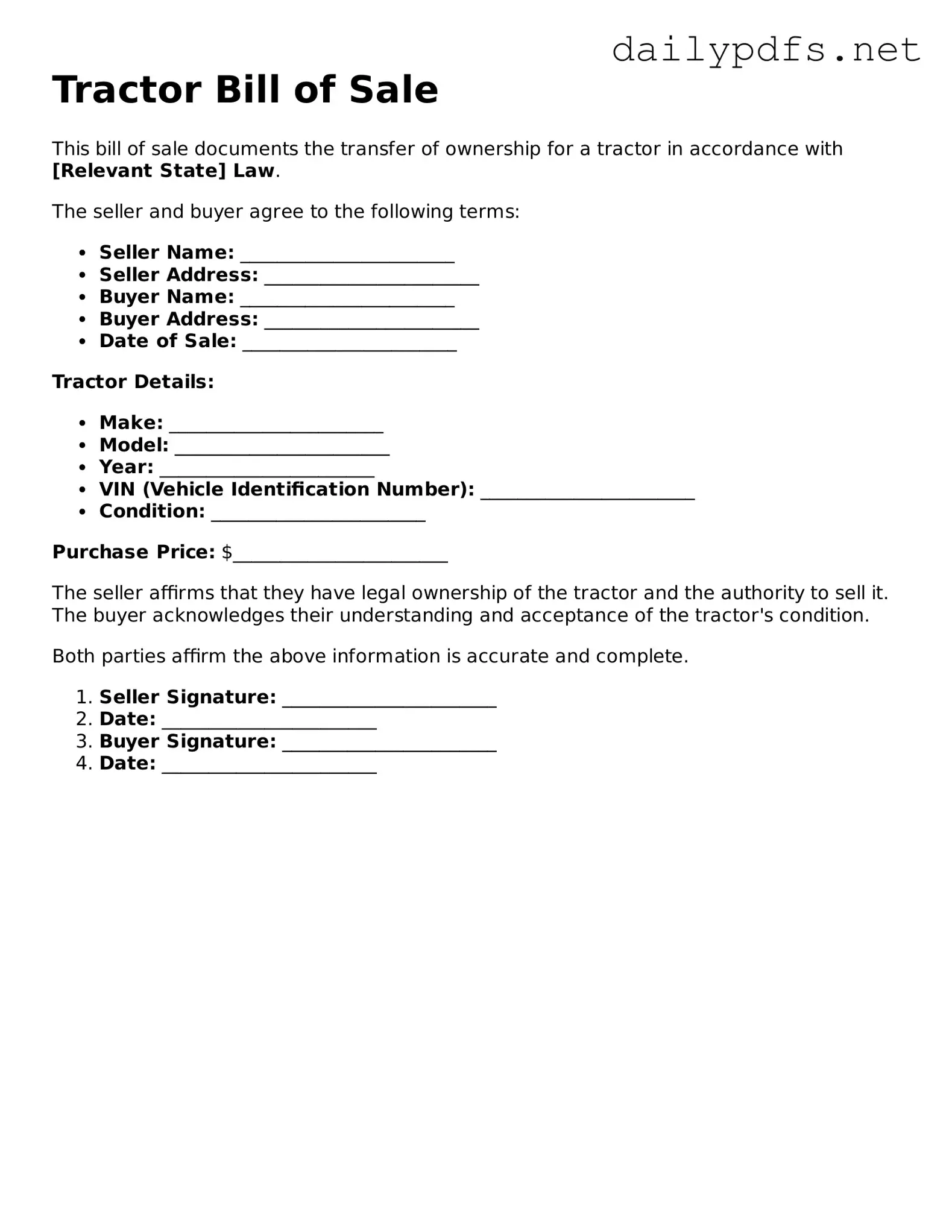 Printable Tractor Bill of Sale Document