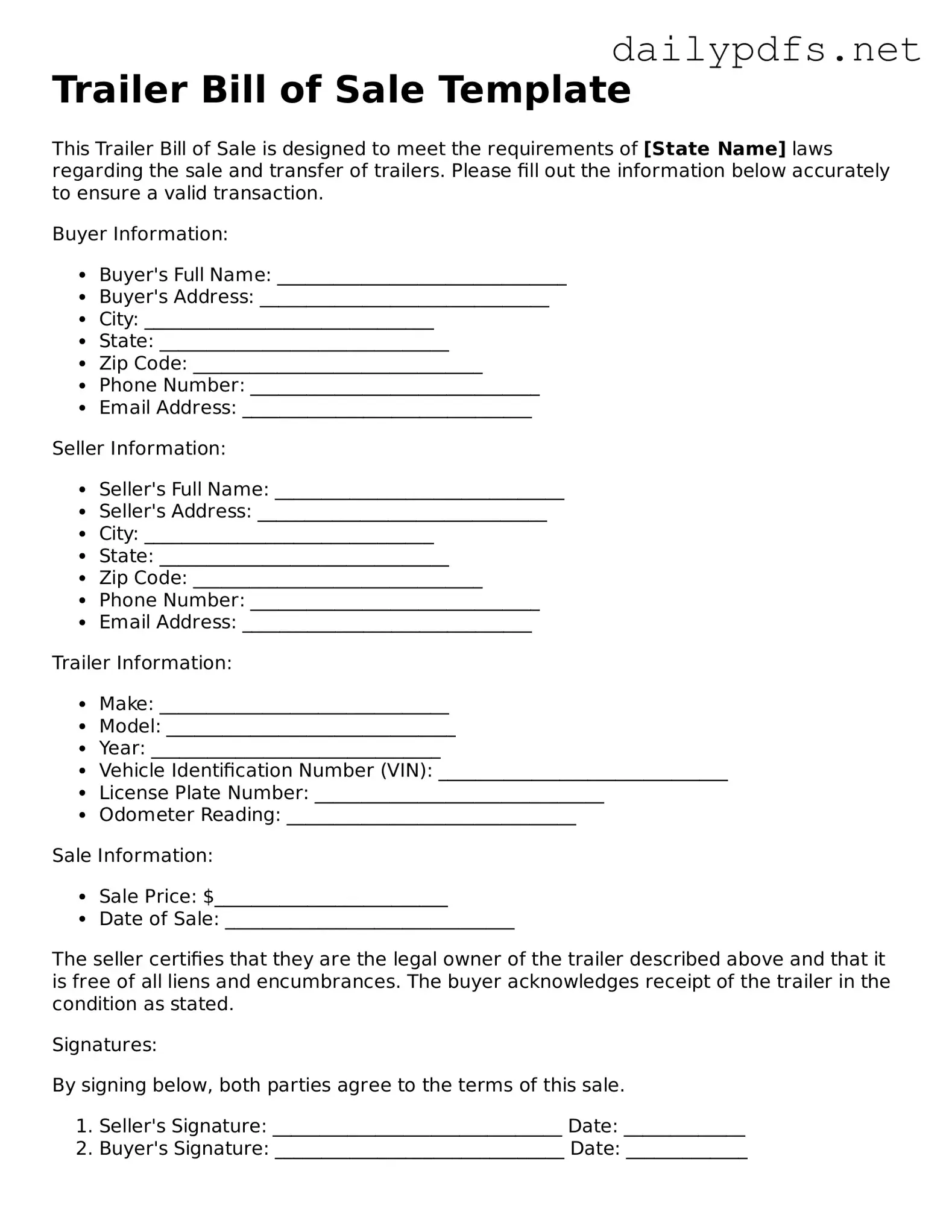 Printable Trailer Bill of Sale Document