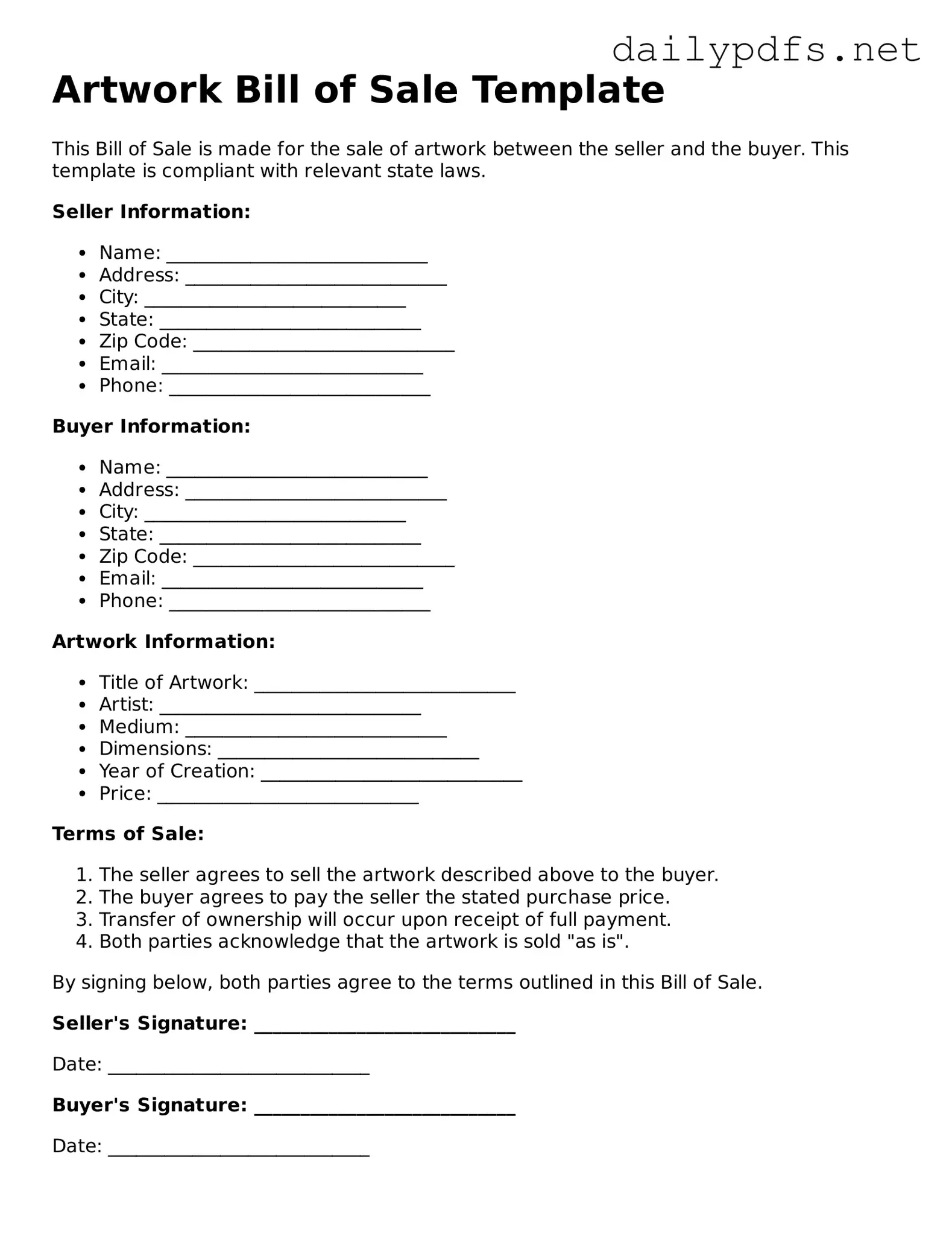 Printable Artwork Bill of Sale Document