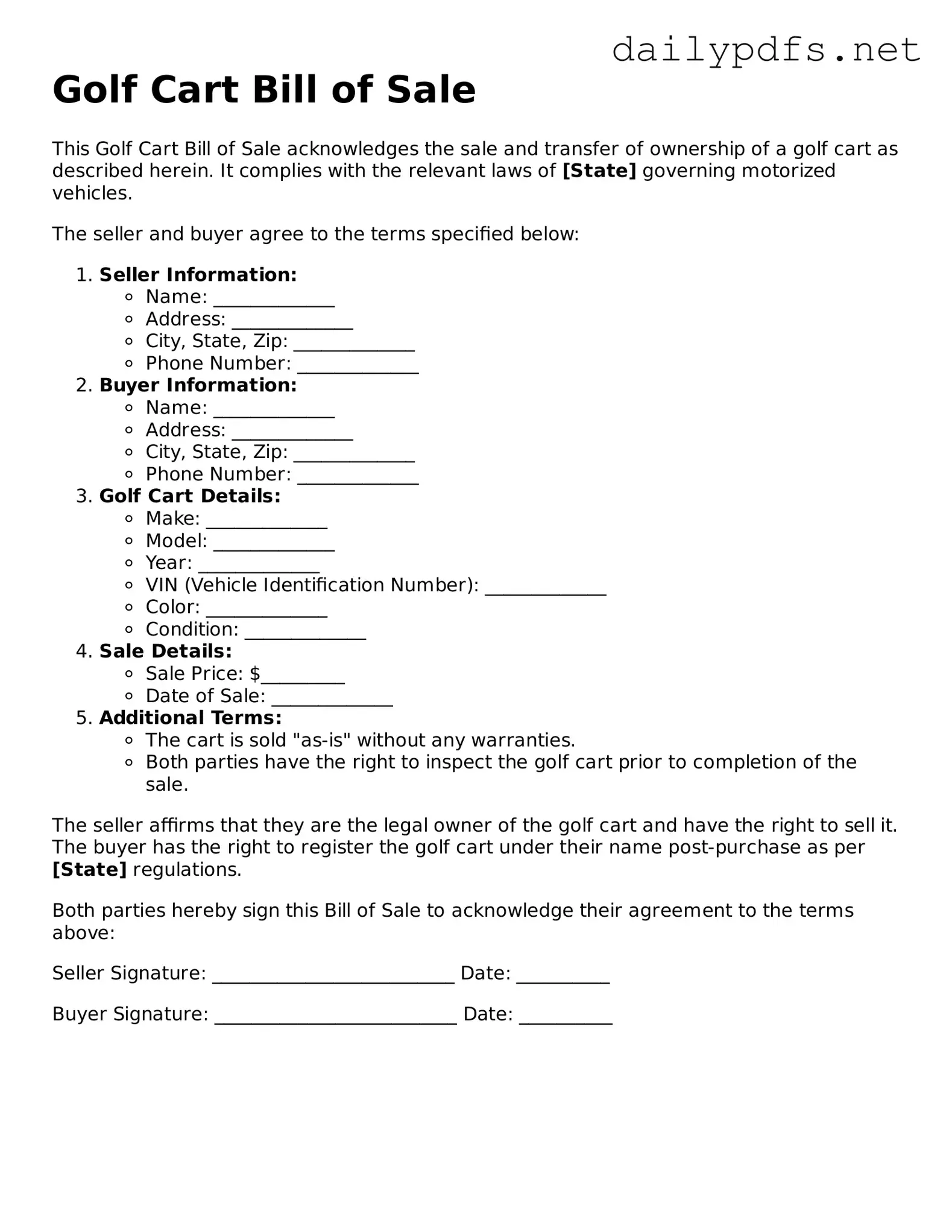 Printable Golf Cart Bill of Sale Document