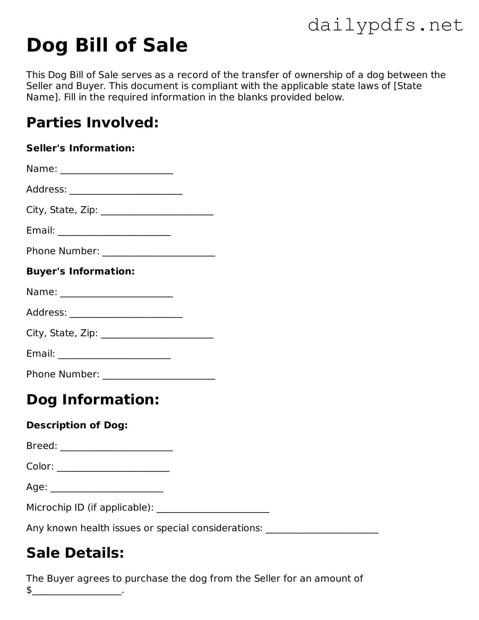 Printable Dog Bill of Sale Document