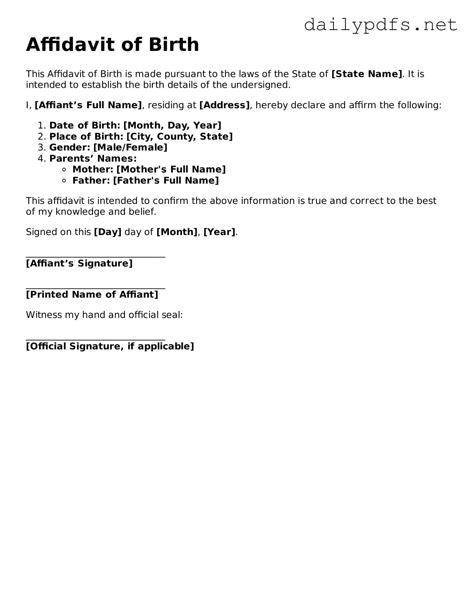 Printable Affidavit of Birth Document