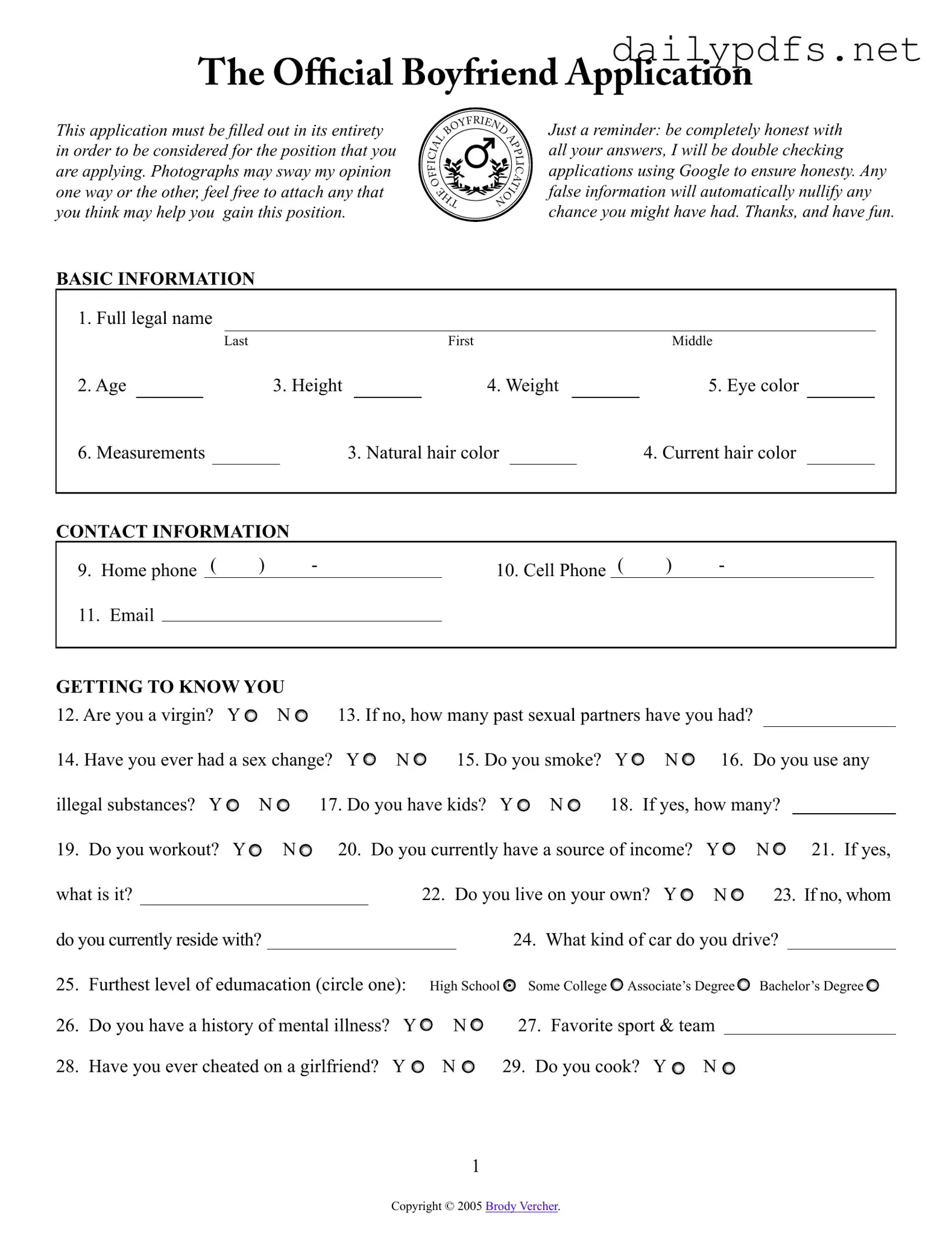 Fill Out Your Boyfriend application form Form