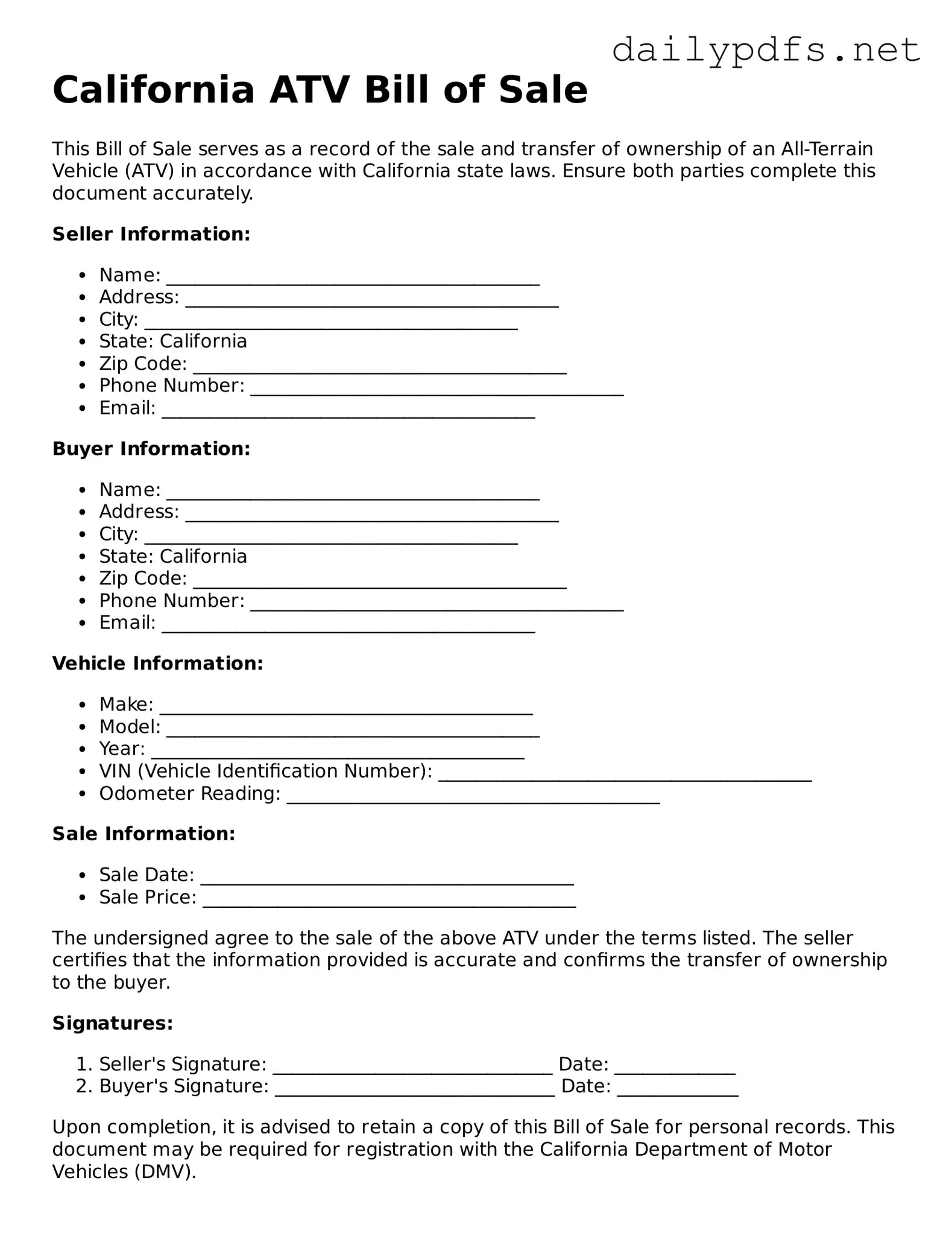 Free  ATV Bill of Sale Template for California