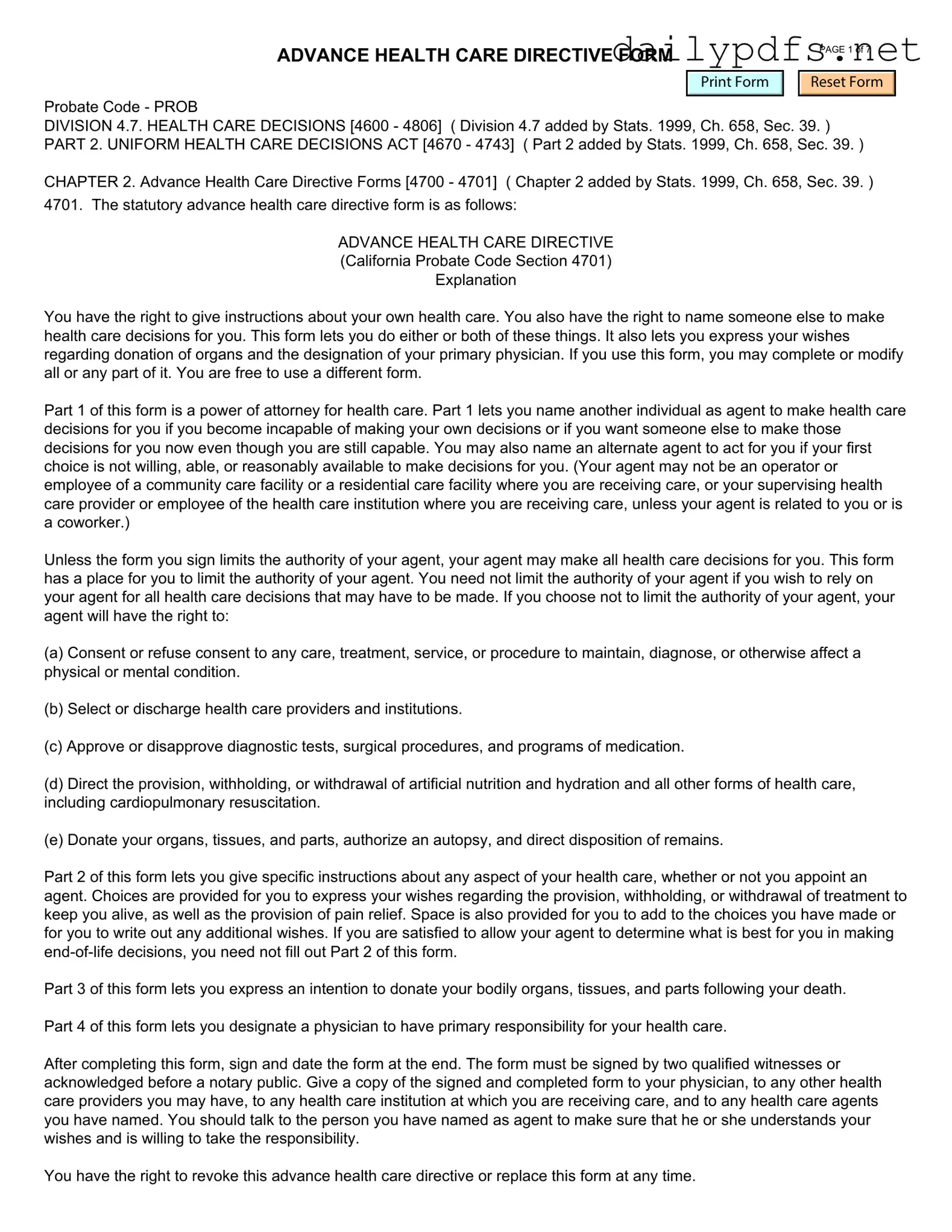 Fill Out Your California Advanced Health Care Directive Form