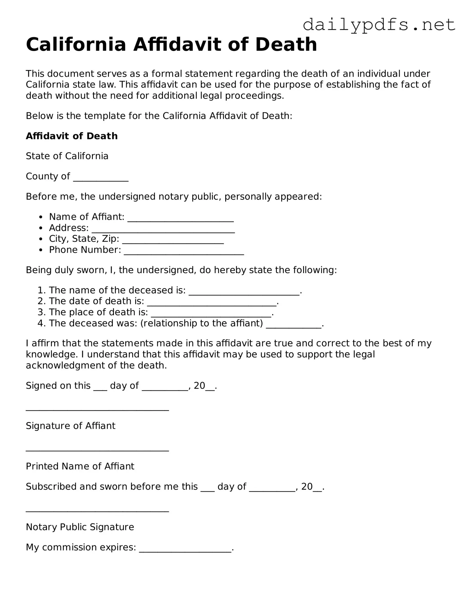 Free  Affidavit of Death Template for California