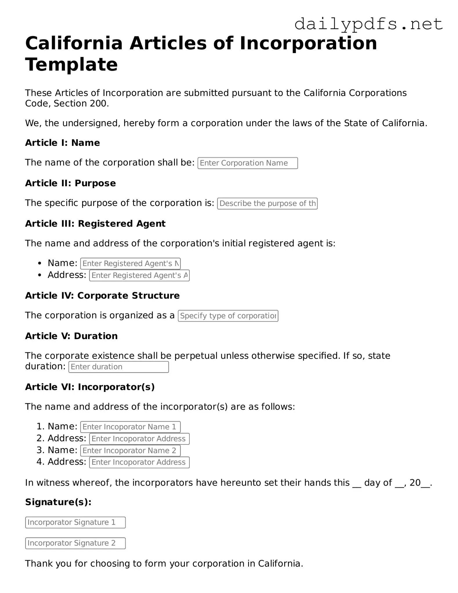 Free  Articles of Incorporation Template for California