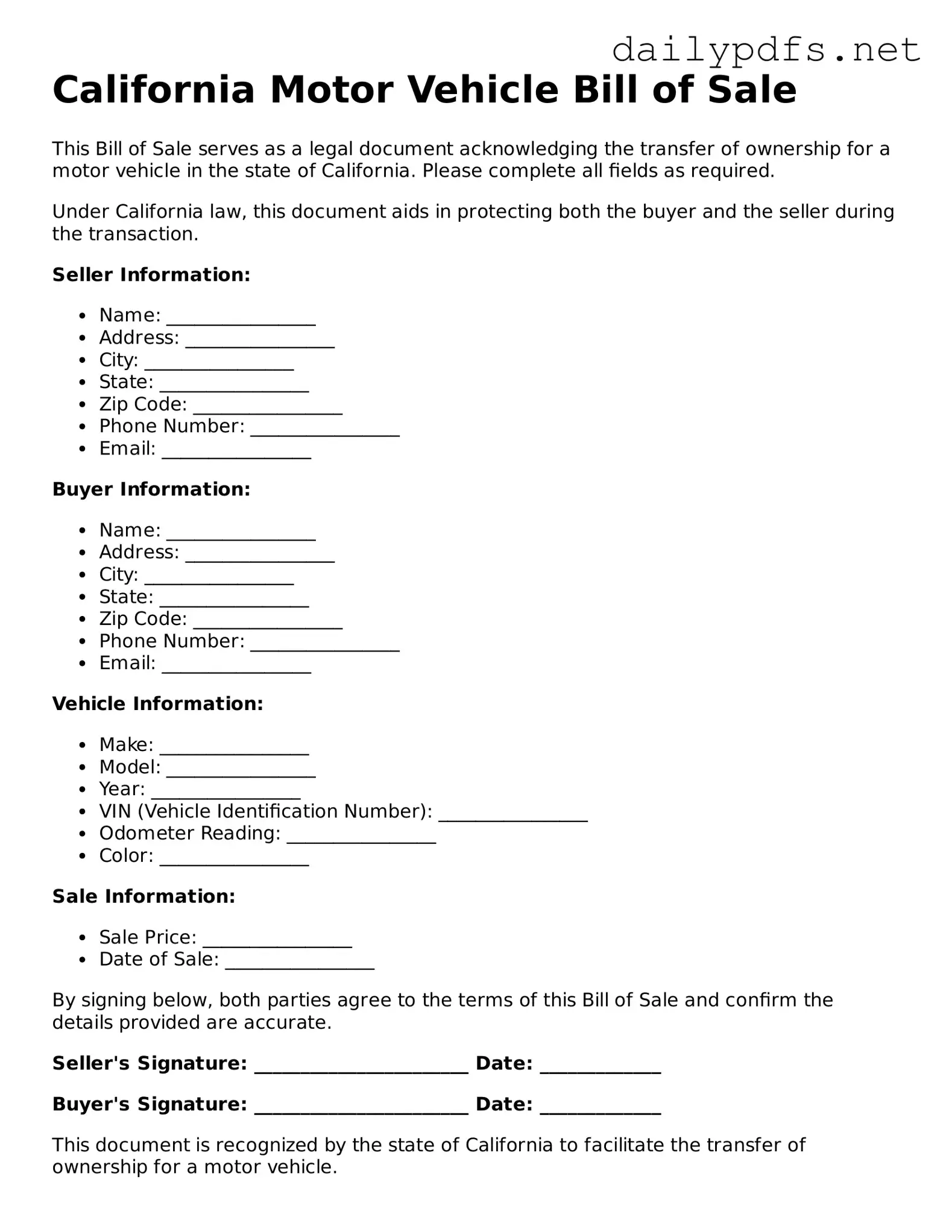 Free  Motor Vehicle Bill of Sale Template for California