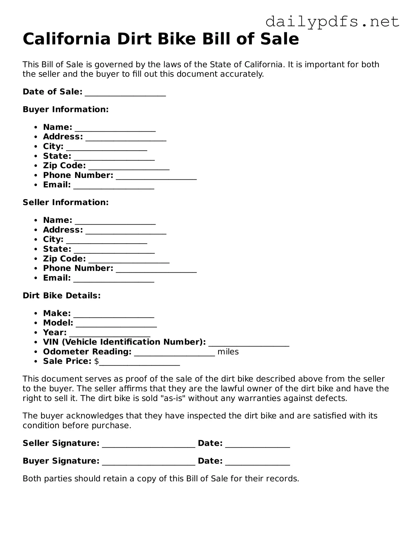 Free  Dirt Bike Bill of Sale Template for California
