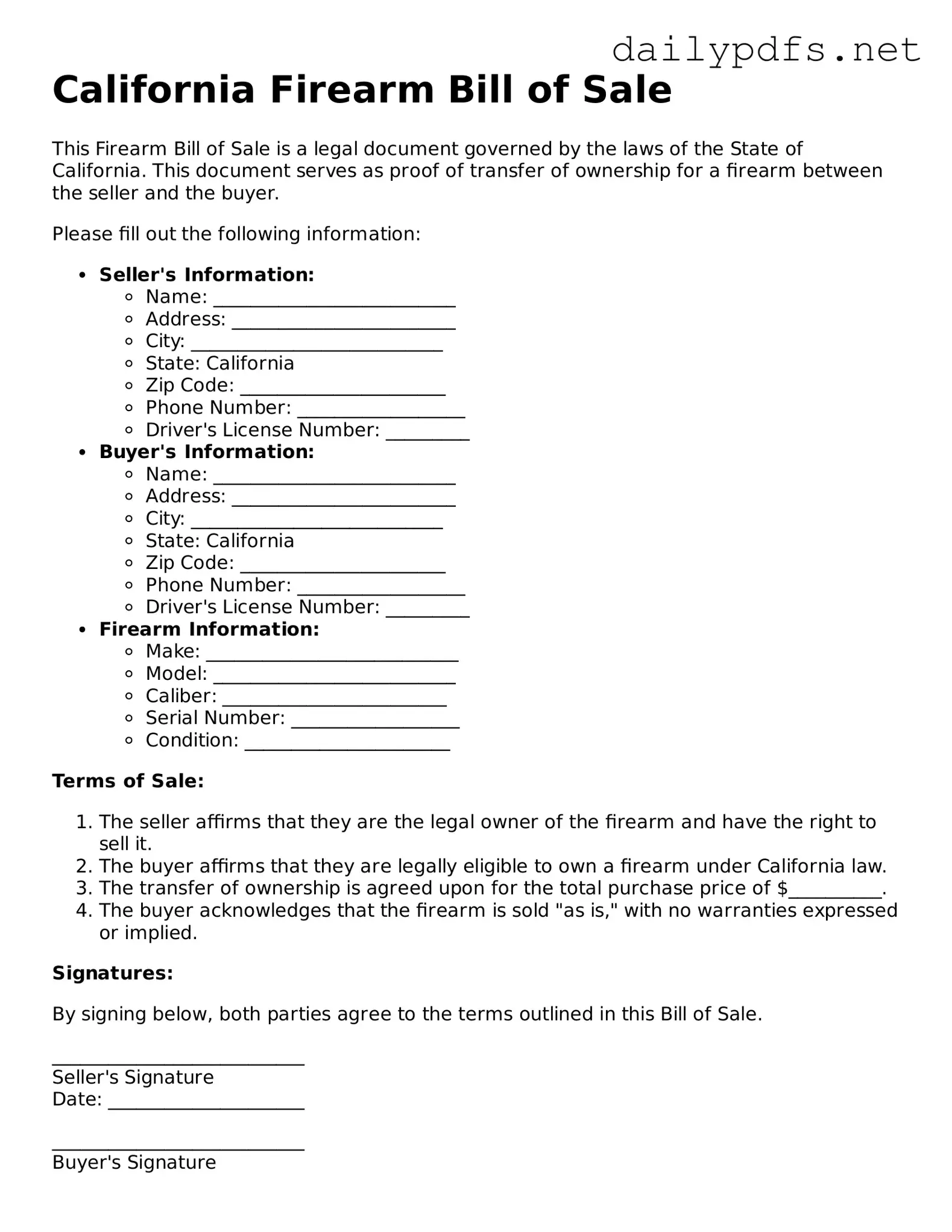 Free  Firearm Bill of Sale Template for California