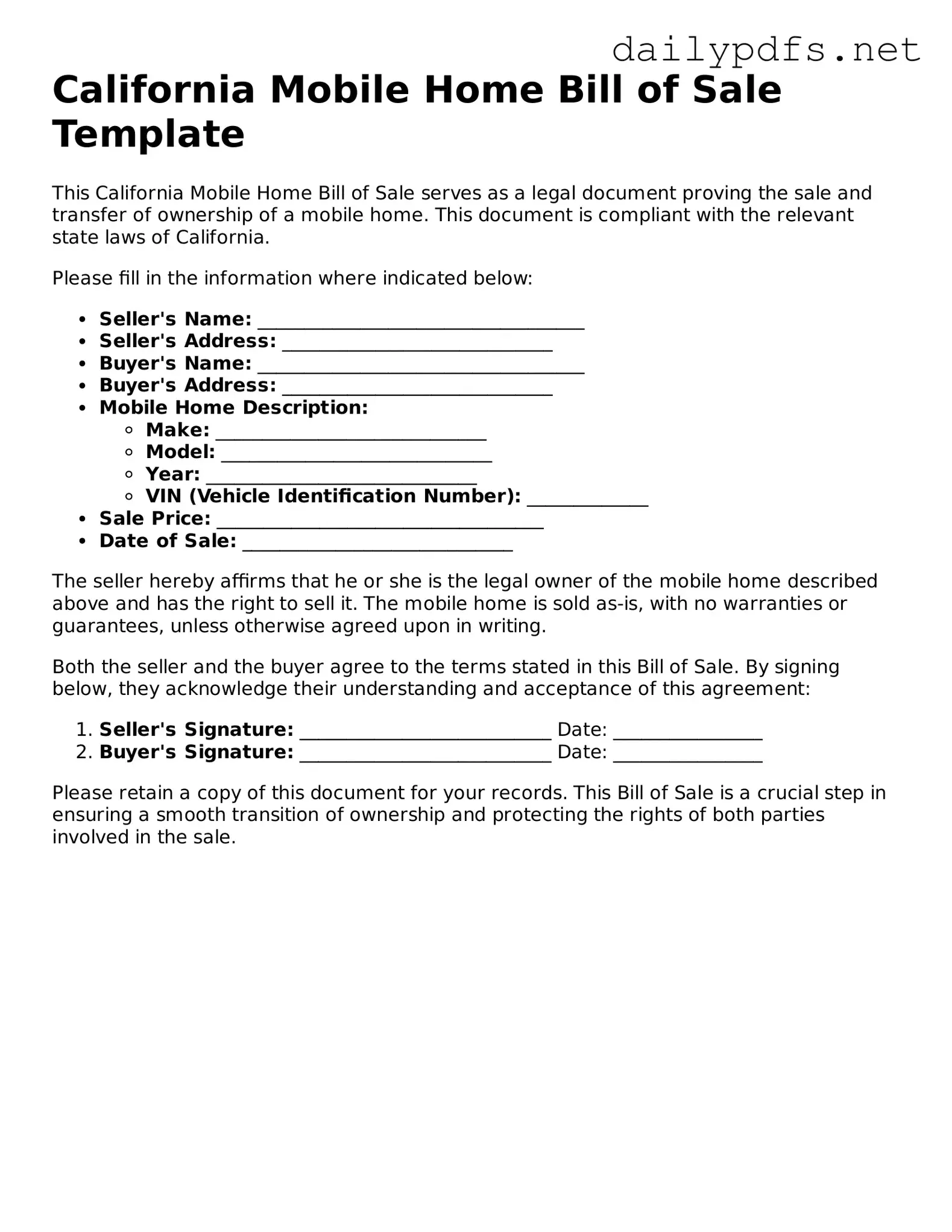 Free  Mobile Home Bill of Sale Template for California