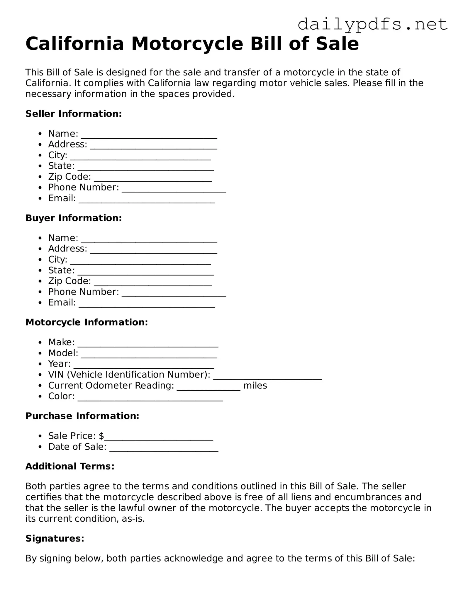 Free  Motorcycle Bill of Sale Template for California
