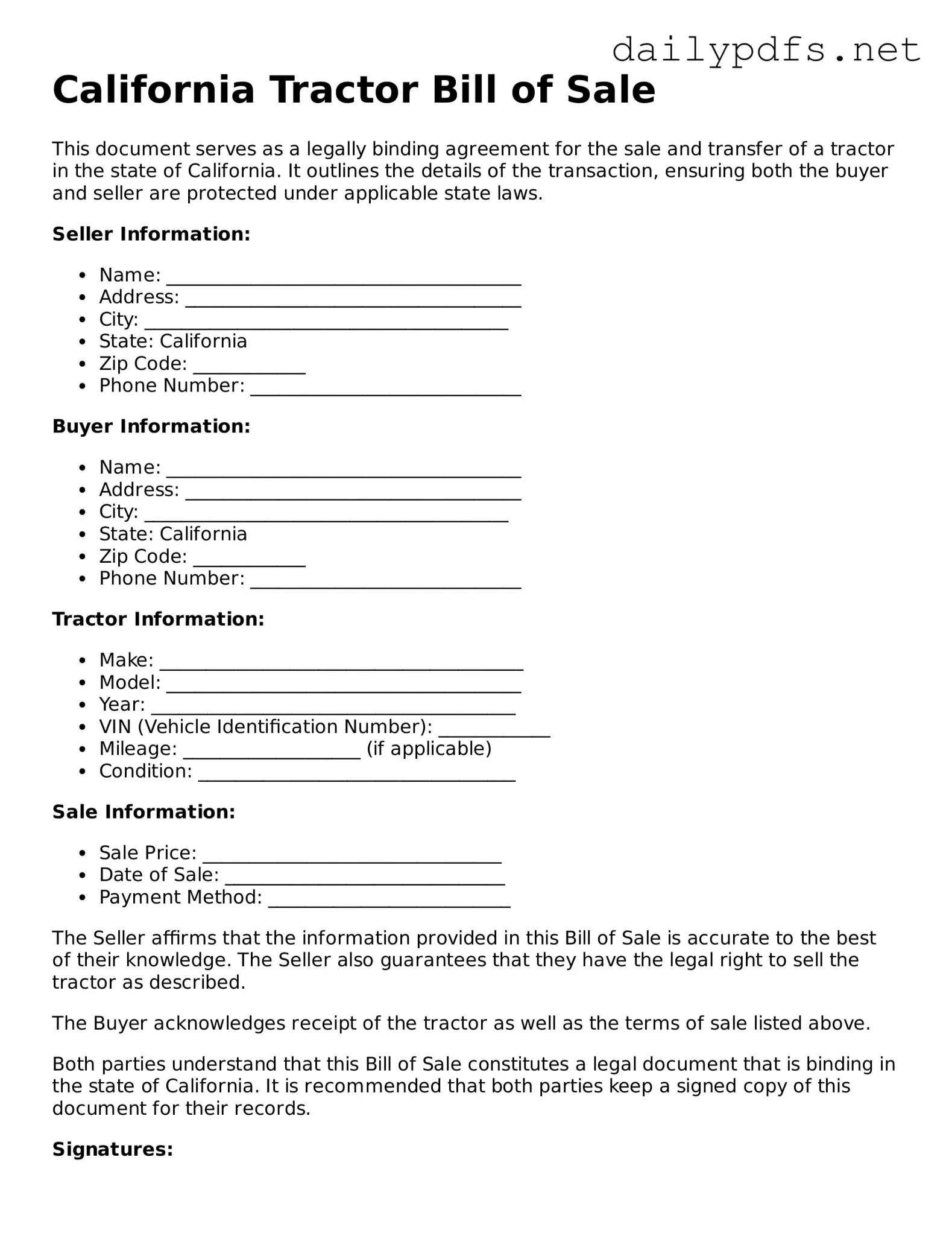Free  Tractor Bill of Sale Template for California