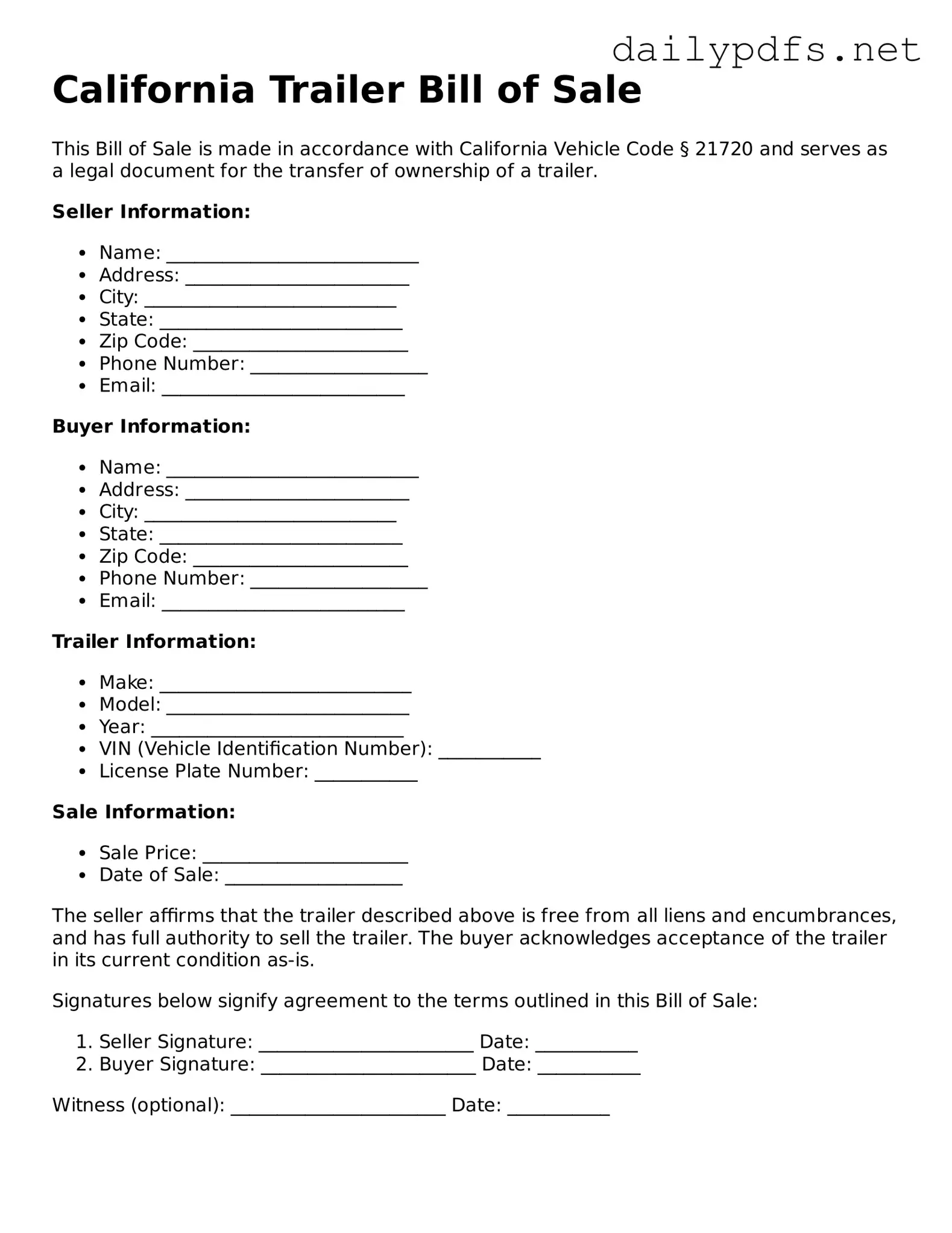 Free  Trailer Bill of Sale Template for California