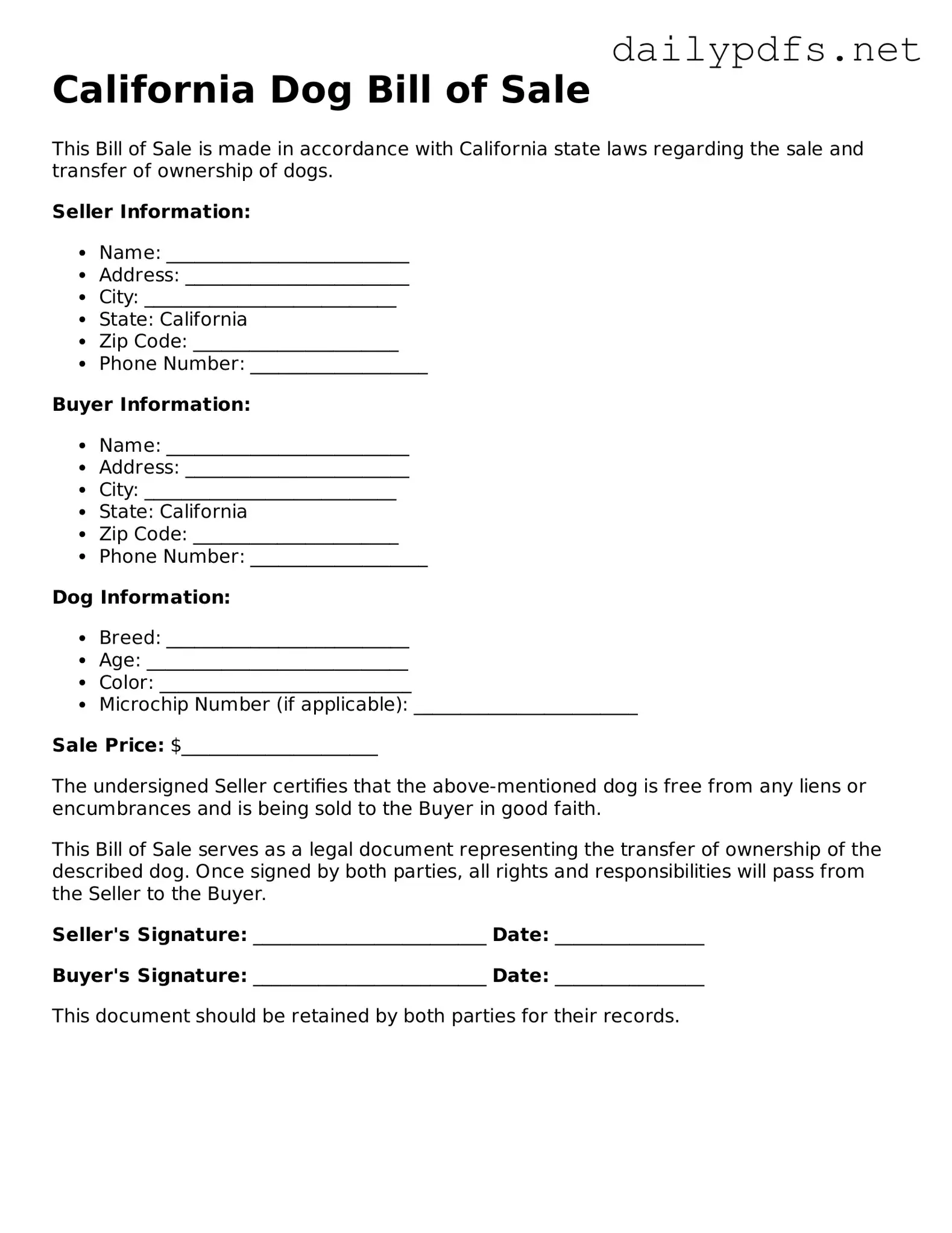 Free  Dog Bill of Sale Template for California