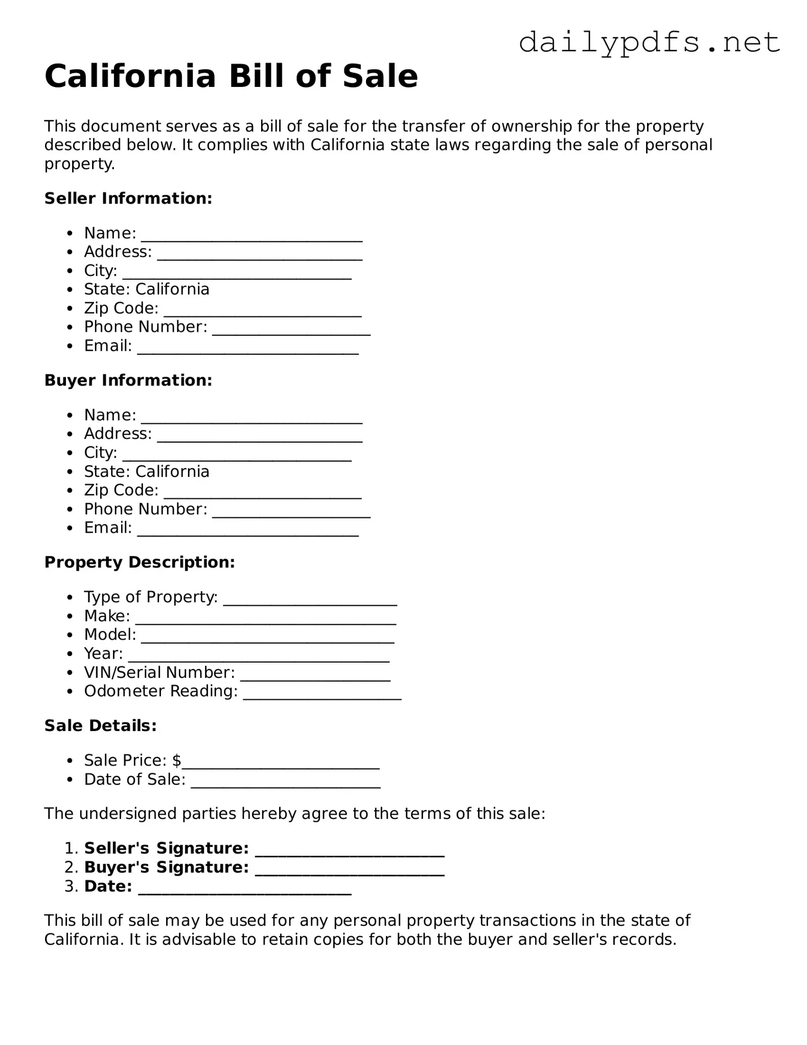Free  Bill of Sale Template for California