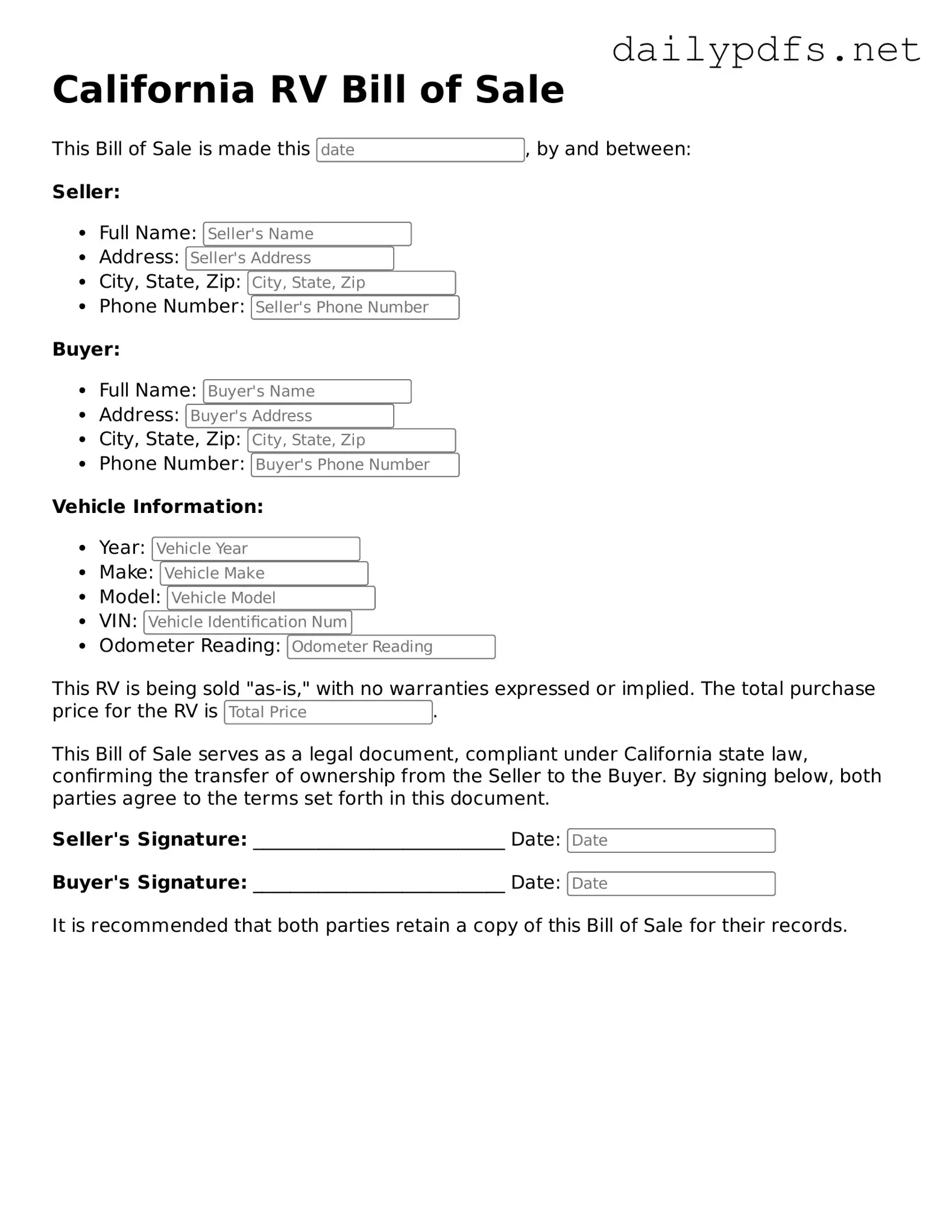 Free  RV Bill of Sale Template for California