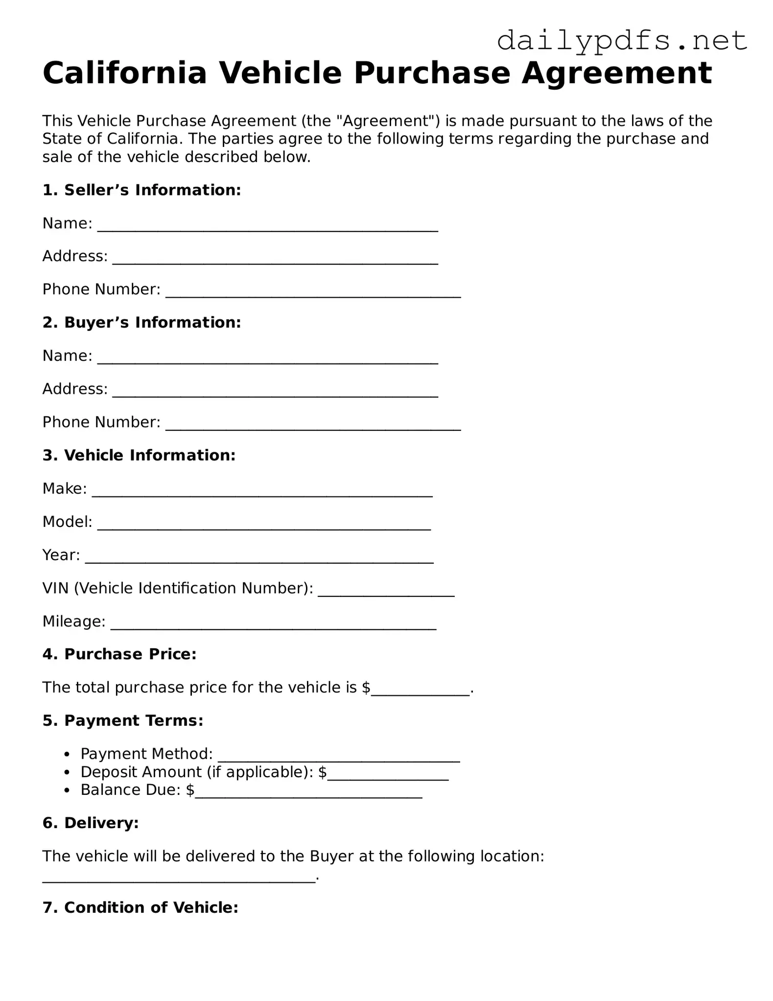 Free  Vehicle Purchase Agreement Template for California