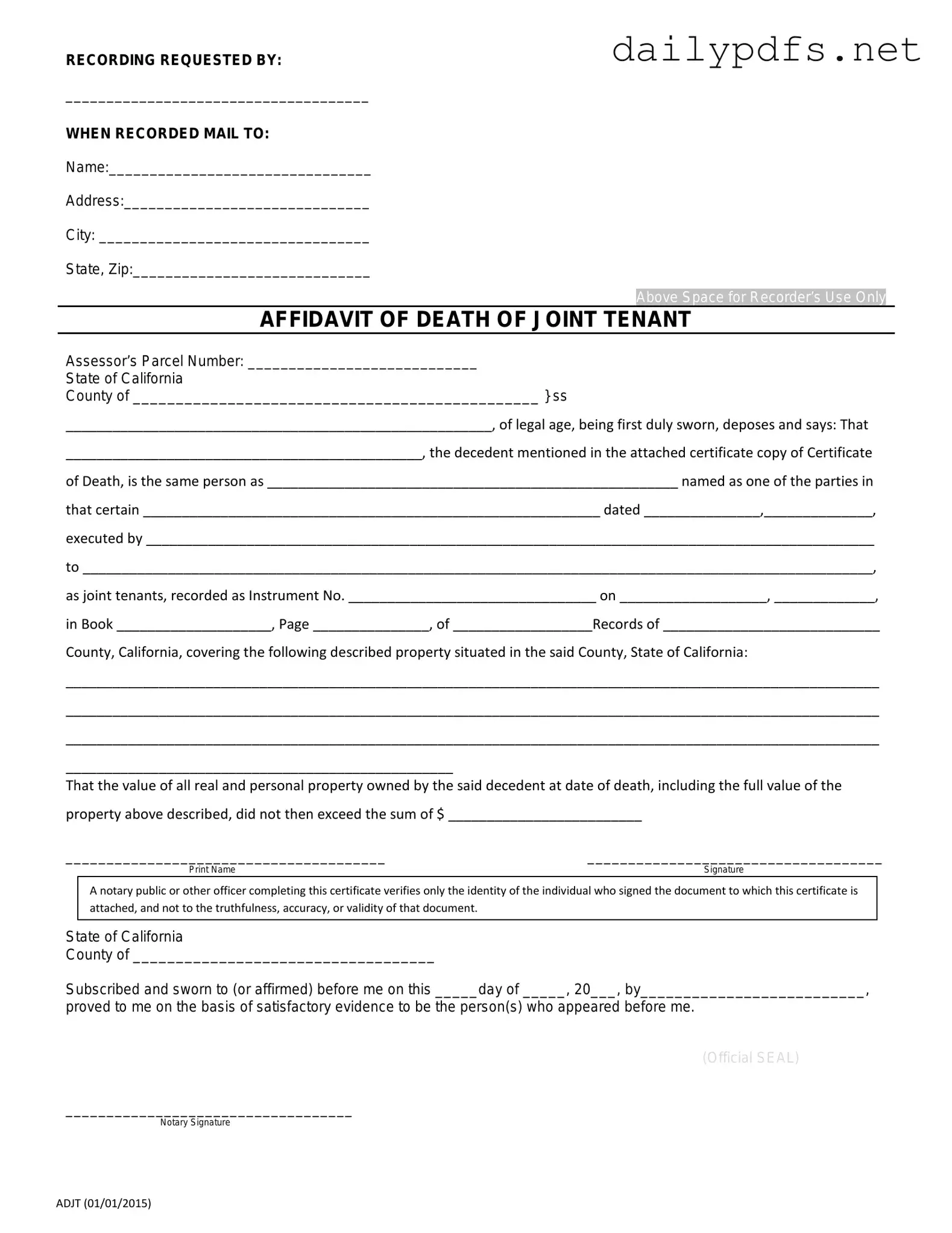 Fill Out Your California Death of a Joint Tenant Affidavit Form