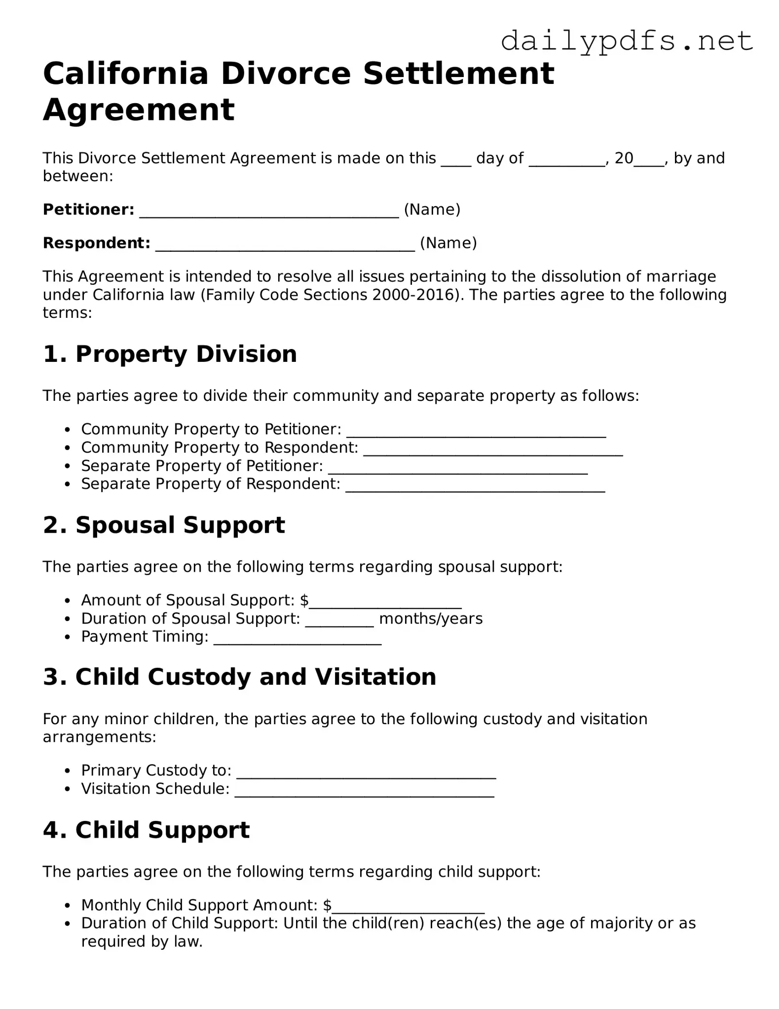 Free  Divorce Settlement Agreement Template for California