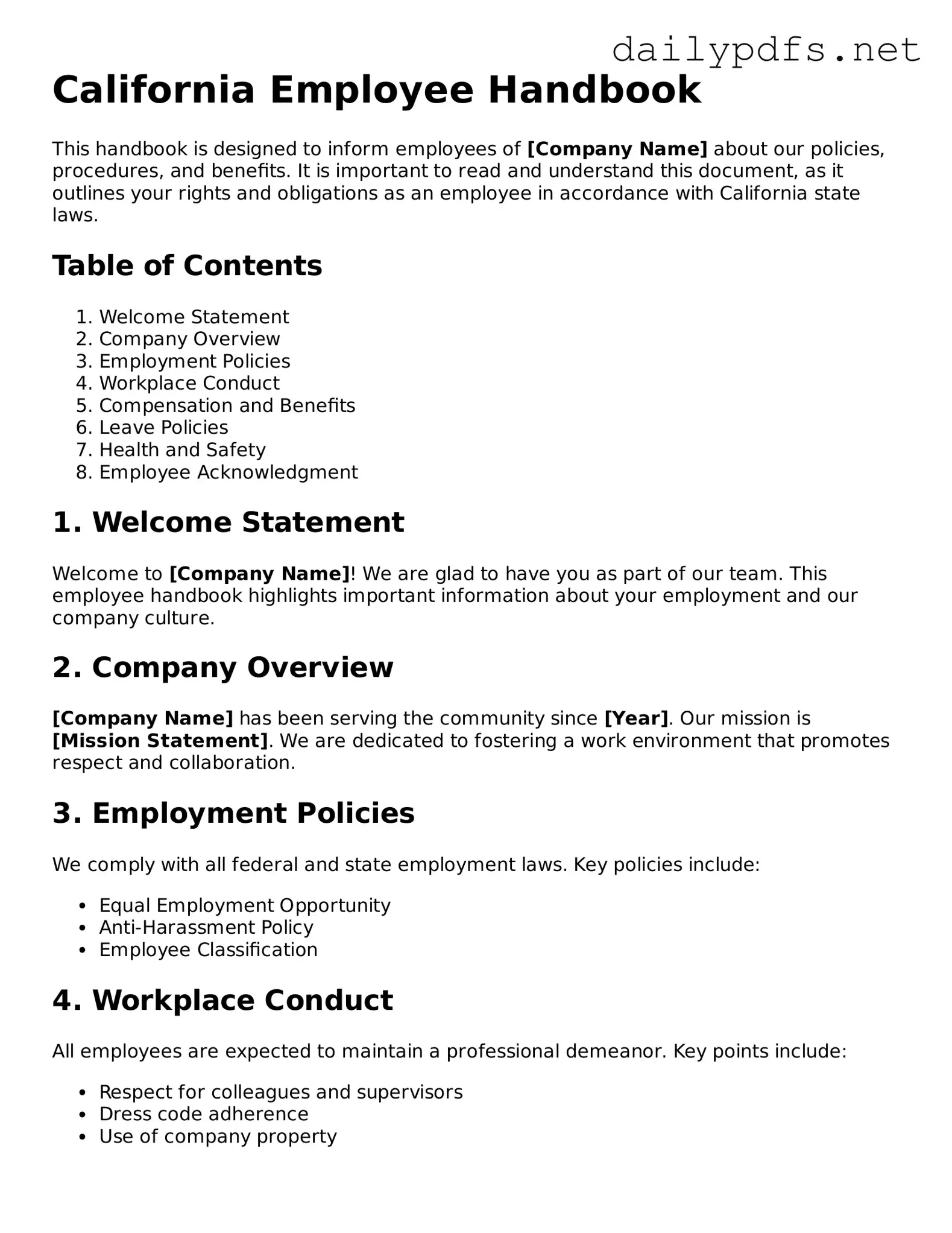 Free  Employee Handbook Template for California