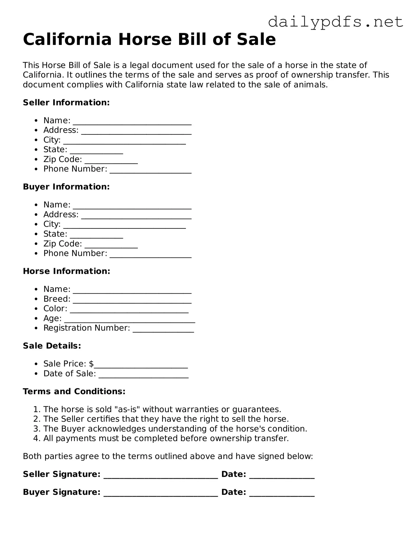 Free  Horse Bill of Sale Template for California