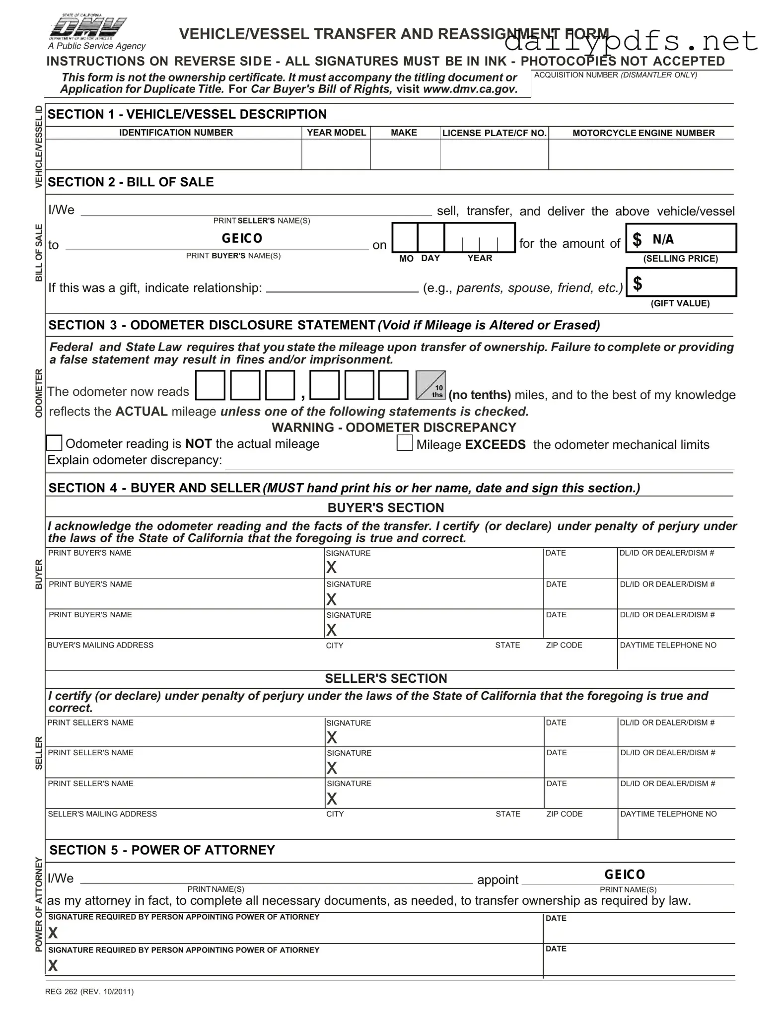 Fill Out Your California Fotm Reg 262 Form