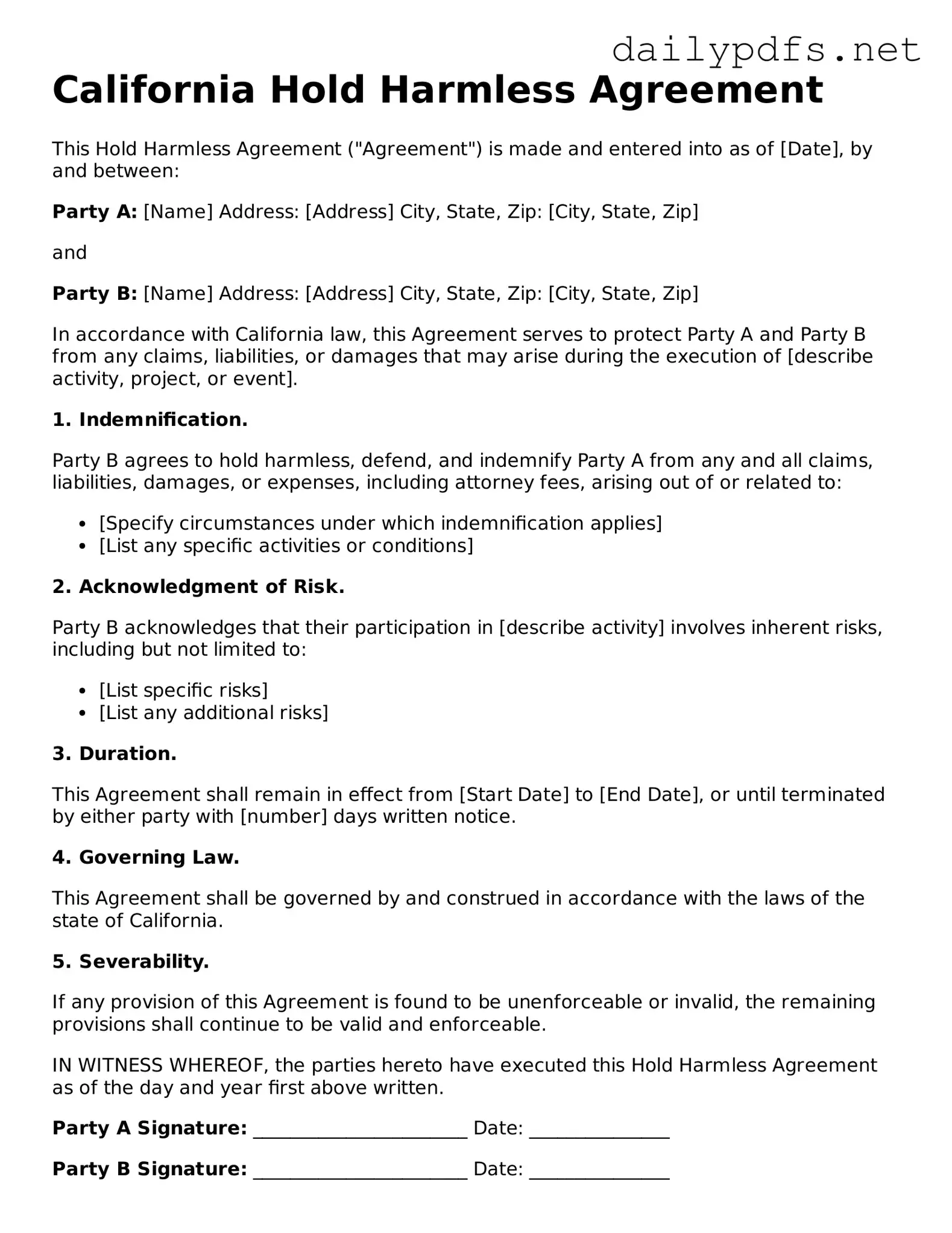 Free  Hold Harmless Agreement Template for California