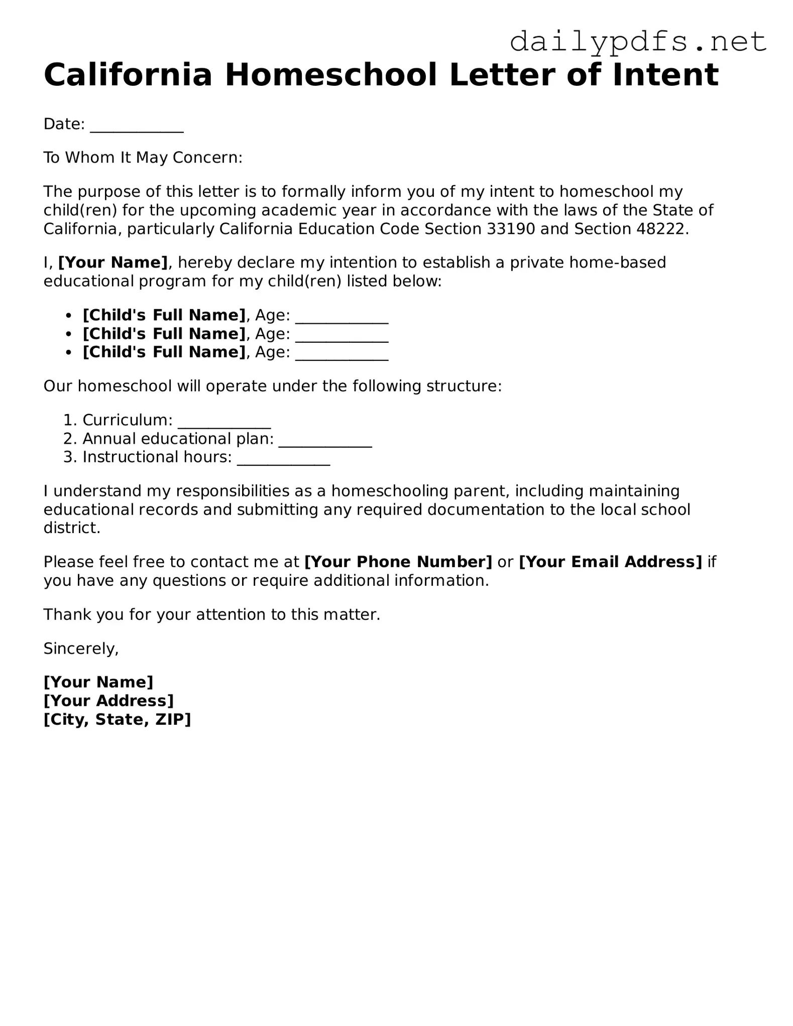 Free  Homeschool Letter of Intent Template for California