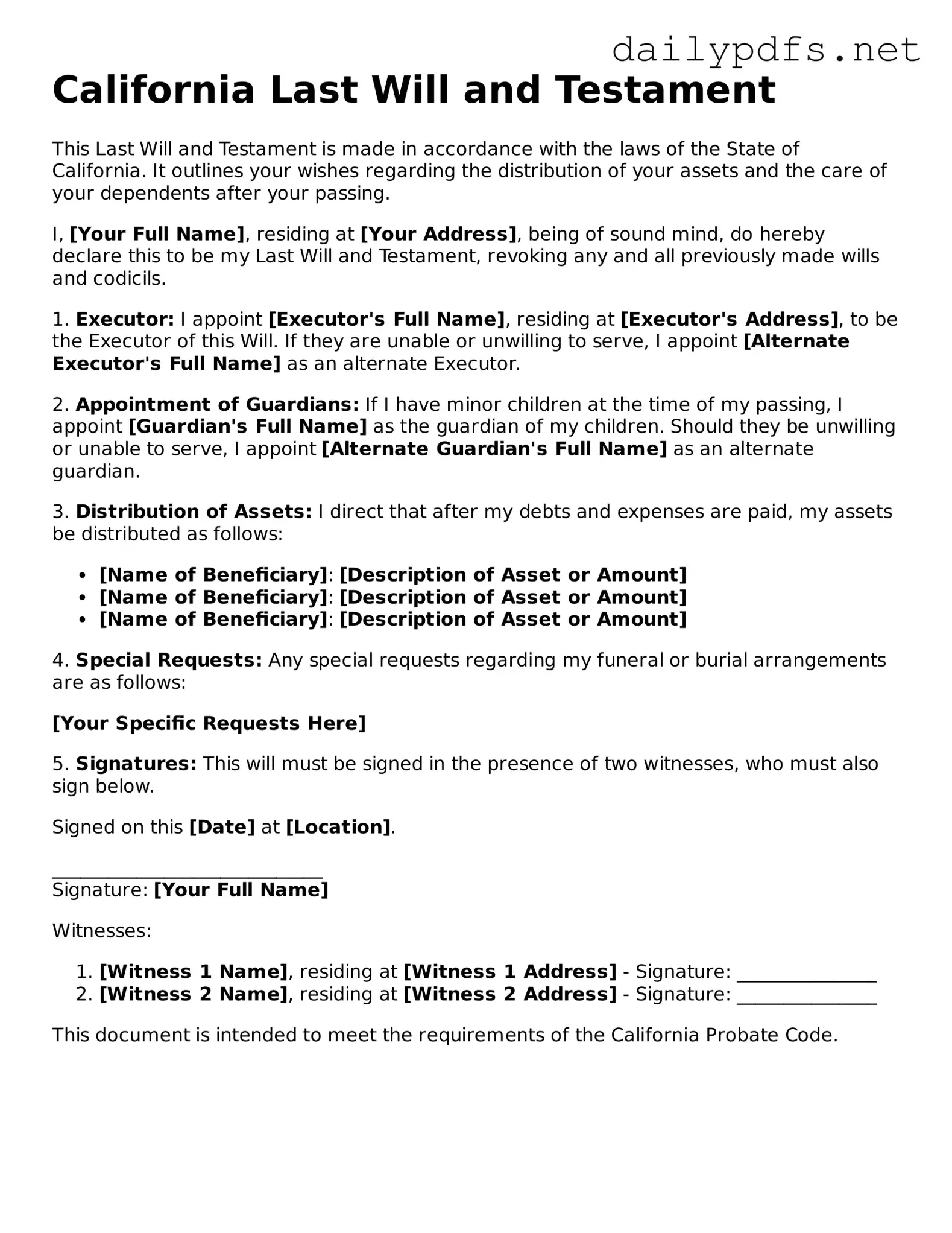 Free  Last Will and Testament Template for California