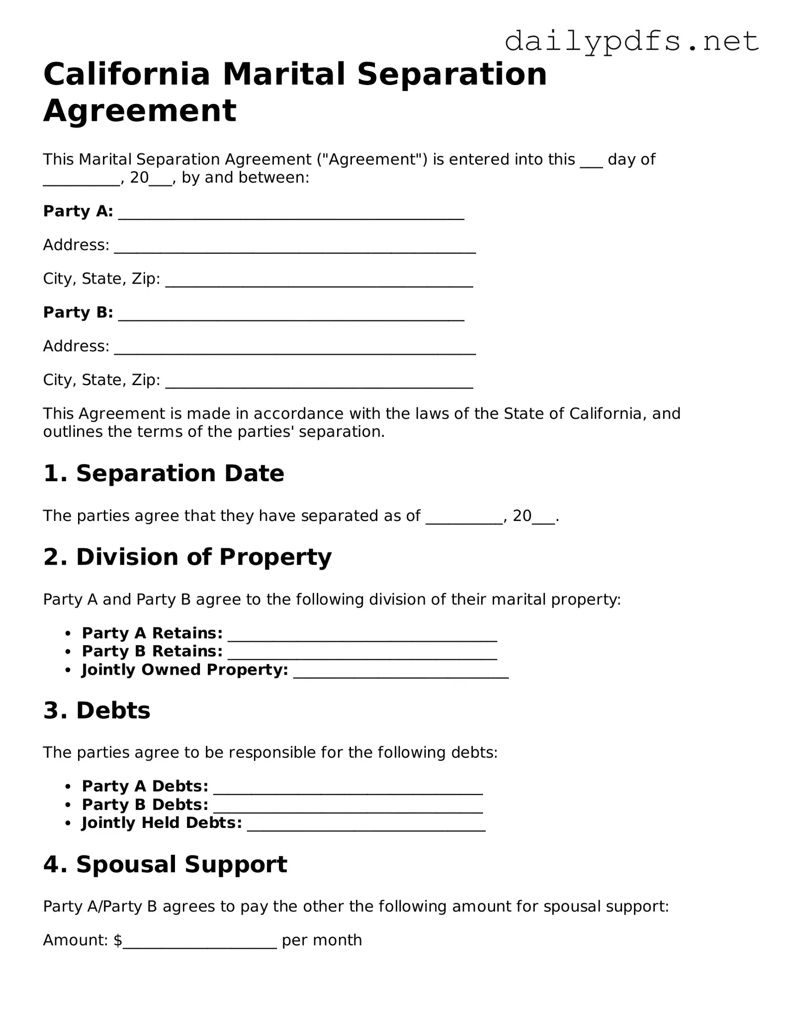 Free  Marital Separation Agreement Template for California