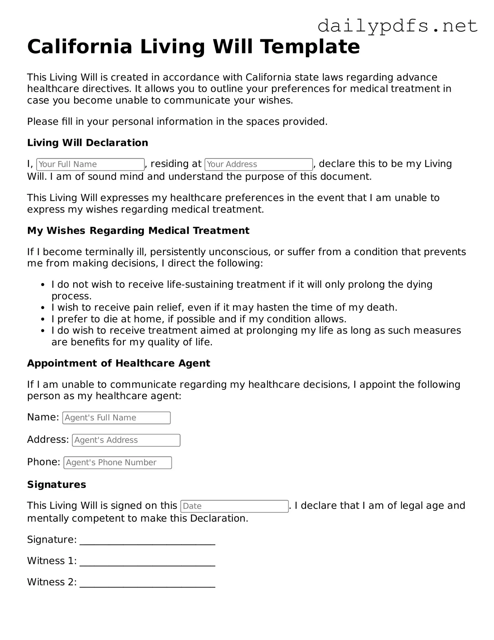 Free  Living Will Template for California